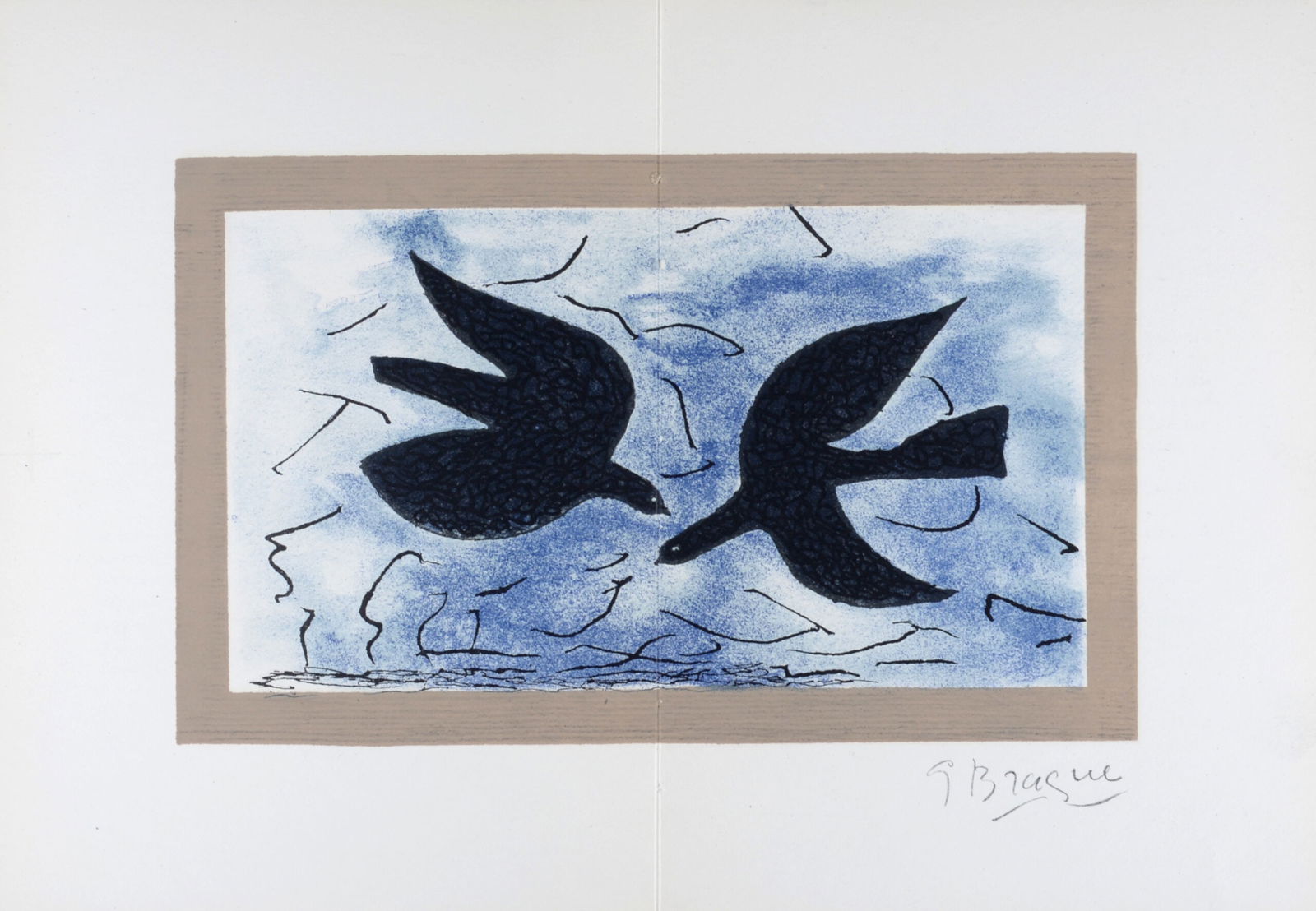 Georges Braque : Les deux Oiseaux, 1966: Georges Braque (1882-1963)Les deux Oiseaux, 1966Original lithograph on wove paper, printed on a double page.Plate-signed lower right.Dimensions :+ Size of the sheet : 25,5 x 37,6 cm / 10,0 × 14,8 inL