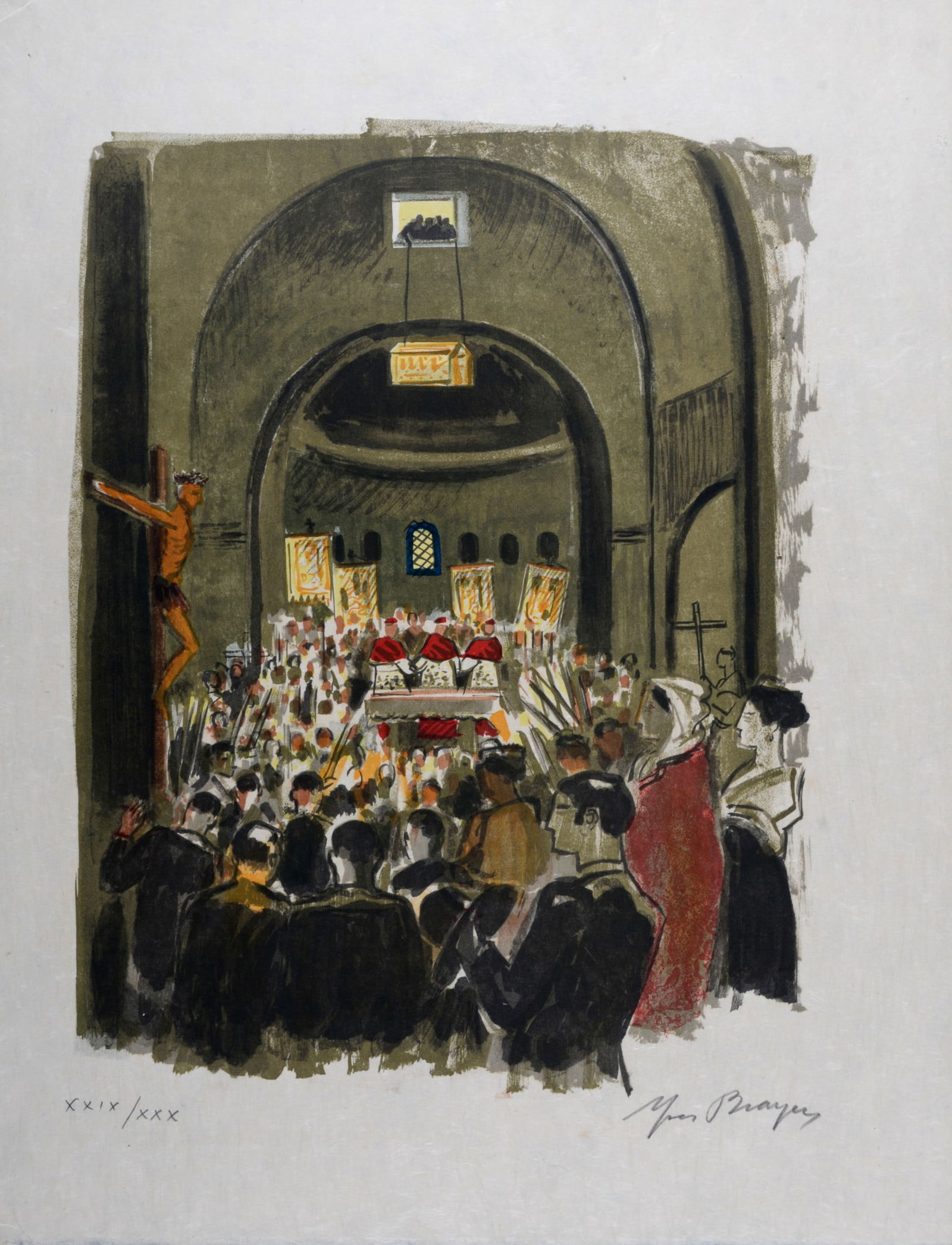 Yves Brayer : Ceremonie de la descente des chasses aux Saintes-Maries de la Mer (#1), 1963 -: Yves Brayer (1907-1990)Ceremonie de la descente des chasses aux Saintes-Maries de la Mer (#1), 1963Lithograph in colors on Japan paper.Hand-signed on the bottom right of the image.Hand-numbered XXIX /