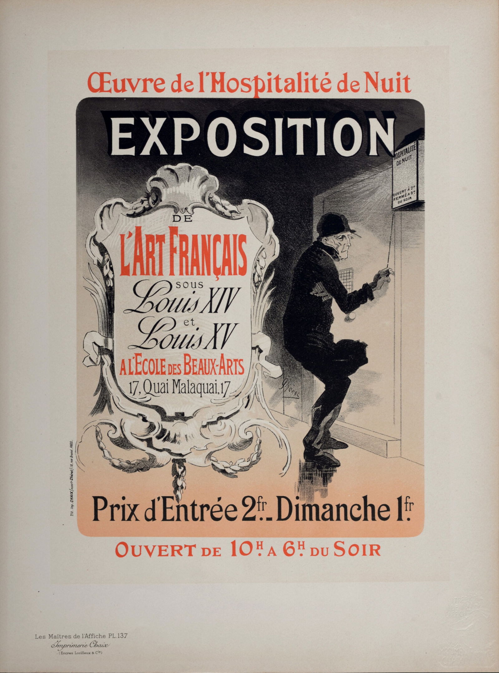 Jules Cheret : Les Maitres de L’Affiche - Oeuvre de l'Hospitalite de Nuit, 1898: Jules Cheret (1836-1932)Oeuvre de l'Hospitalite de Nuit, 1898Les Maitres de L’Affiche : PL. 137Lithograph on wove paper.Signed on the plate lower right margin.Dimensions :+ Size of the sheet : 39,4