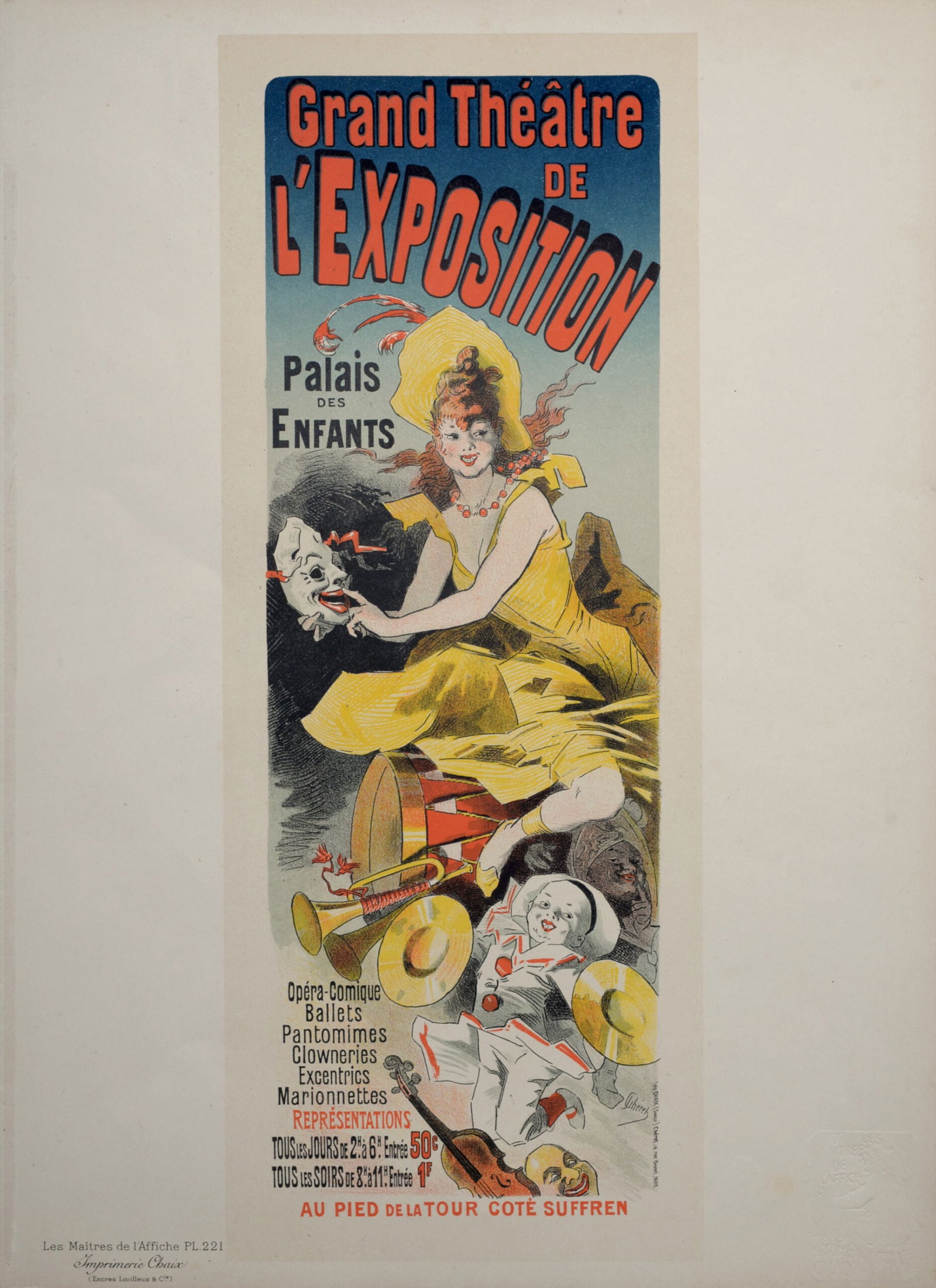 Jules Cheret : Les Maitres de L’Affiche - Grand Theatre de l'Exposition, 1900: Jules Cheret (1836-1932)Grand Theatre de l'Exposition, 1900Les Maitres de L’Affiche : PL. 221Lithograph on wove paper.Signed on the plate lower right margin.Dimensions :+ Size of the sheet : 39,4 x