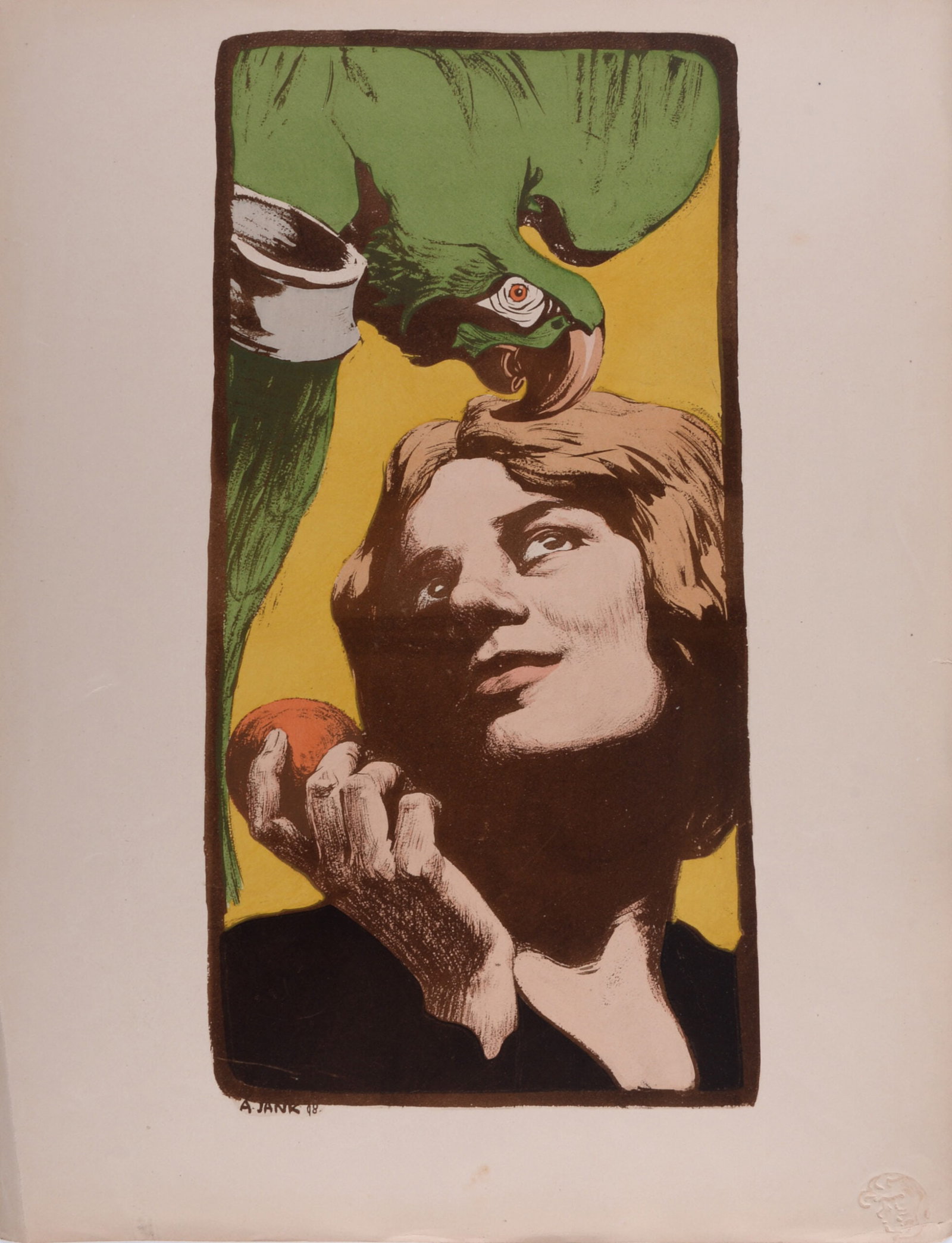 Angelo Jank : Femme Au Perroquet, 1897: Angelo Jank (1868-1940) Femme Au Perroquet, 1898 Lithograph on wove paper. Signed on the plate lower left margin. L'Estampe Moderne's blind stamp on the bottom right corner. Dimensions: +Size of the s