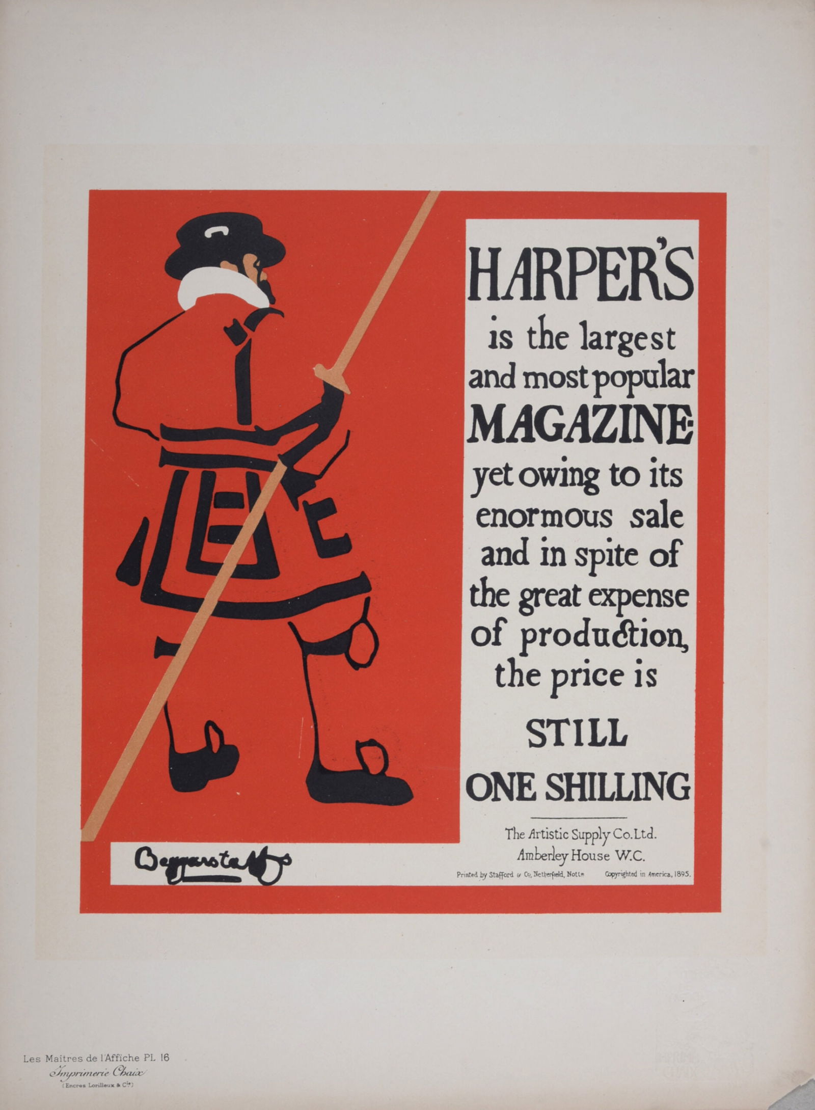 Beggarstaff Sir William Nicholson & James Pryde : Les Maitres de L’Affiche - Harper's Magazine,: Beggarstaffs - Sir William Nicholson (1872-1949) & James PrydeHarper's Magazine, 1896Lithograph on Japan paper.Les Maitres de l'Affiche - Plate # 16Blind stamp "Les Maitres de l'Affiche, Imprimerie Ch