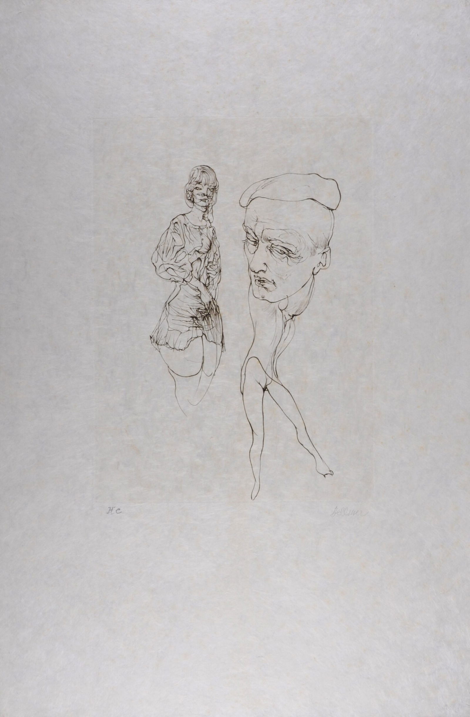 Hans Bellmer : L'Homme a la casquette, 1972 - Hand-signed: Hans Bellmer (1902-1975)L'Homme a la casquette, 1972Etching (burin) on Japan paper.Hand-signed in pencil lower right margin.Annotated in pencil "HC" ("Hors commerce") lower left.Dimensions:+ Size of t