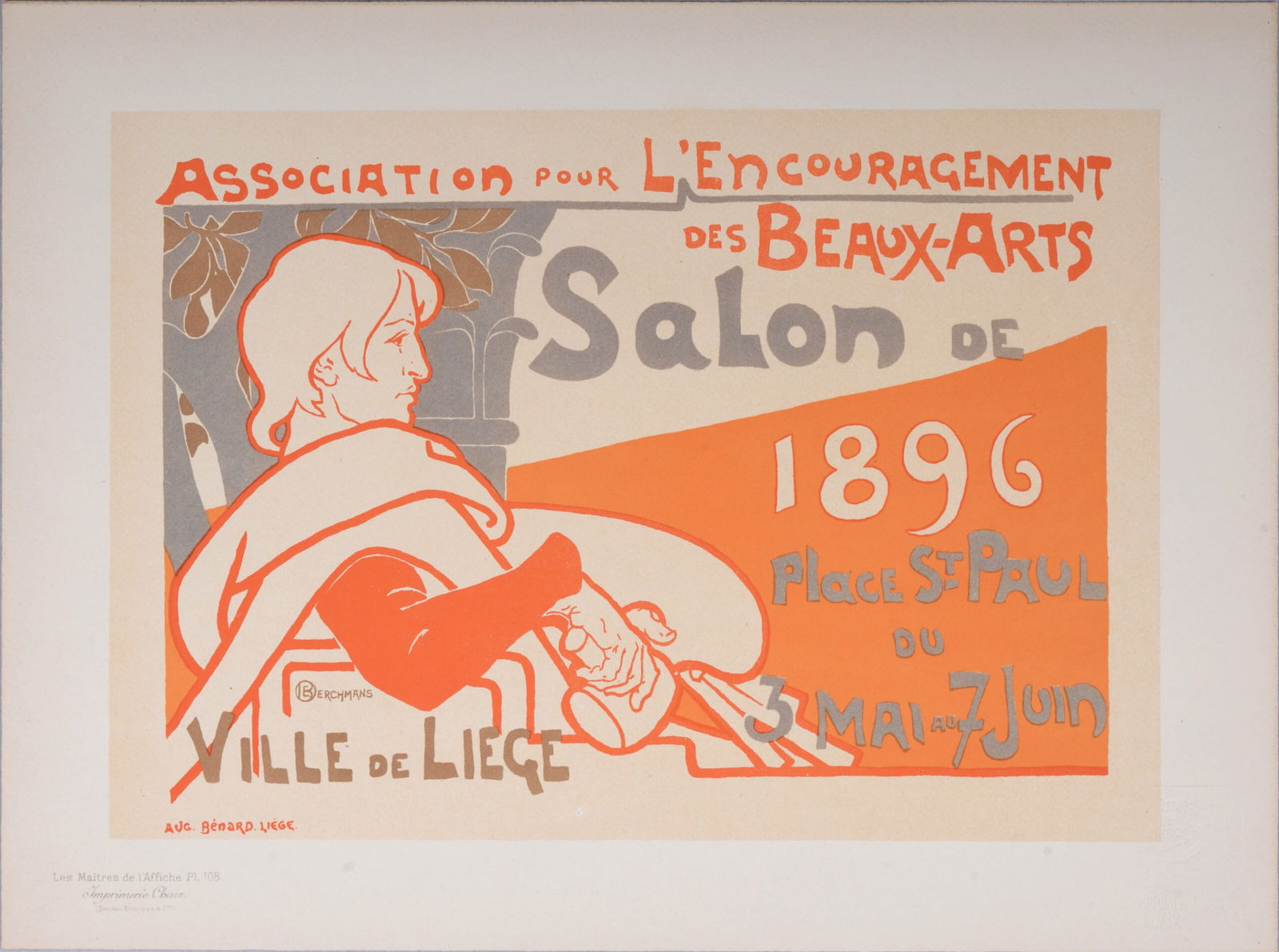 Emile Berchmans : Maitres de l'affiche - Salon de 1896, a Liege, 1898: Emile Berchmans (1867-1947)Salon de 1896, a Liege, 1898Les Maitres de L’Affiche : PL. 108Lithograph on wove paper.Signed on the plate.Dimensions :+ Size of the sheet : 39,4 x 28,7 cm / 11,3 x 15,5 i