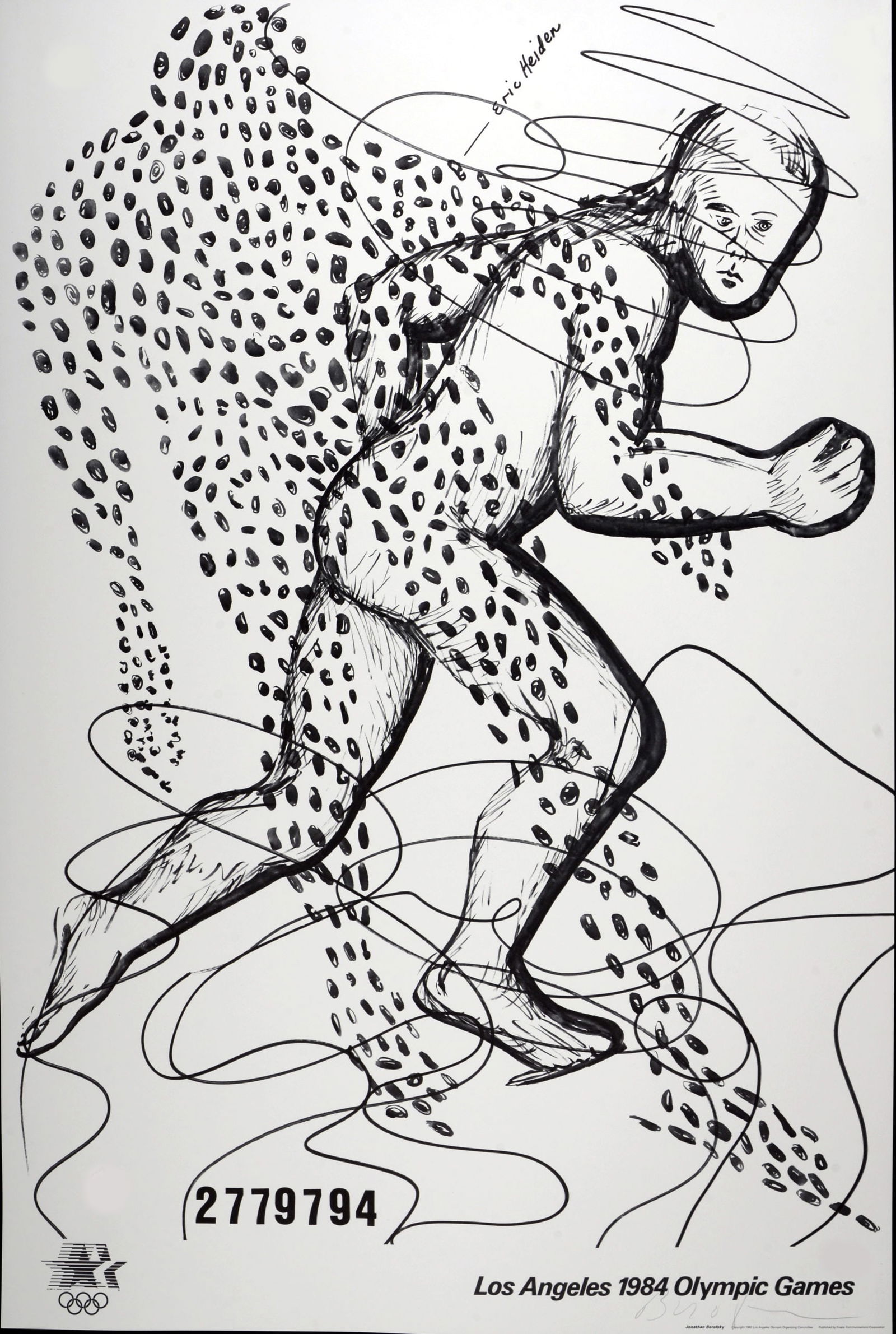 Jonathan Borofsky : Los Angeles Olympic, 1984 - Hand-signed: Jonathan Borofsky (1942-) Los Angeles Olympic 1984 Offset Lithograph on Parsons Diploma Parchment. Hand Signed lower right. Size of the sheet : 91.4 x 61 cm / 36 x 24 in. Edition of 750 Published by