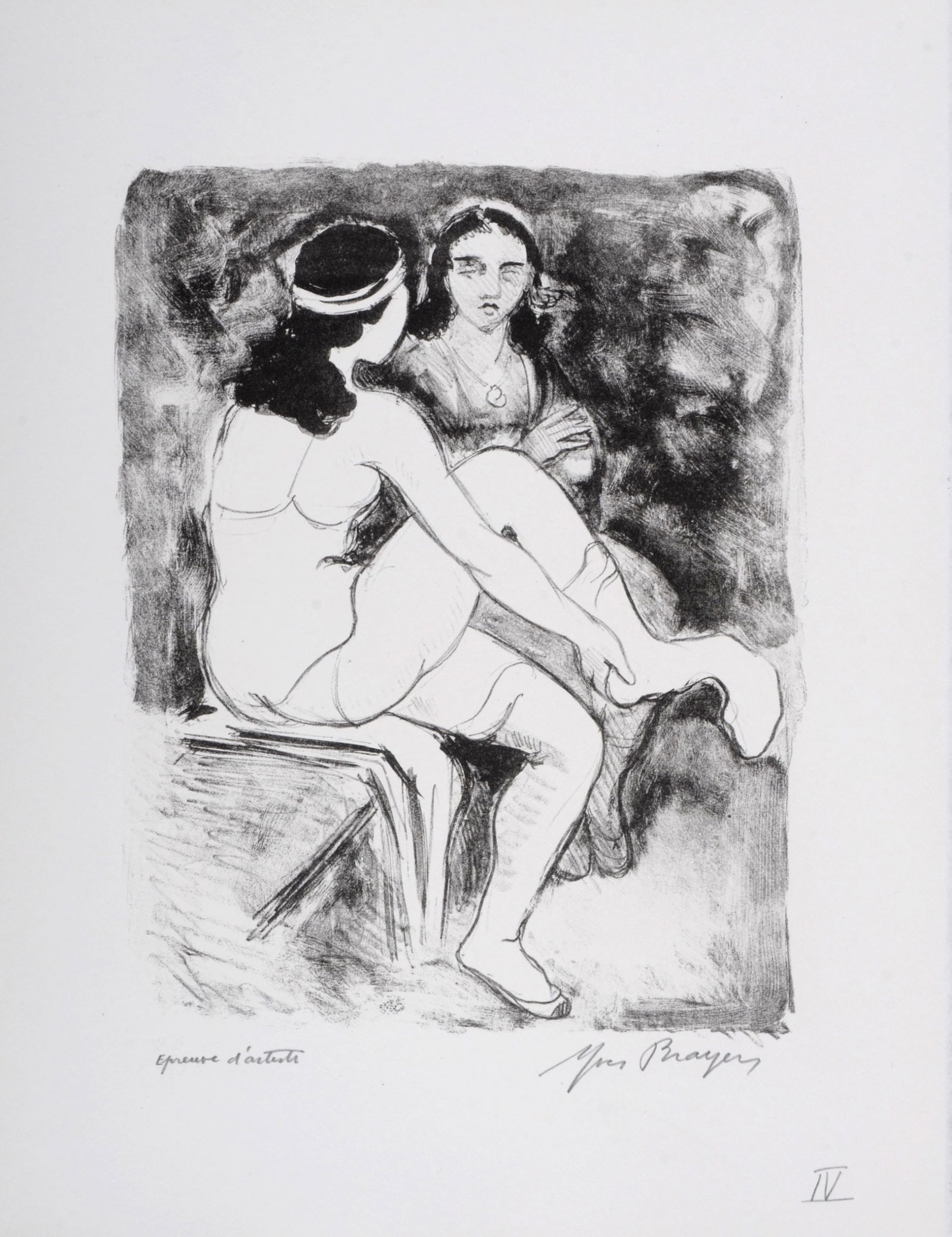 Yves Brayer - Danseuse mettant ses bas #IV, 1949: Yves Brayer (1907-1990)Danseuse mettant ses bas #IV, 1949Lithograph in colors on BFK Rives paper.Hand-signed in pencil lower right margin.Annotated in pencil "Epreuve d'artiste" (Artist's proof) lower
