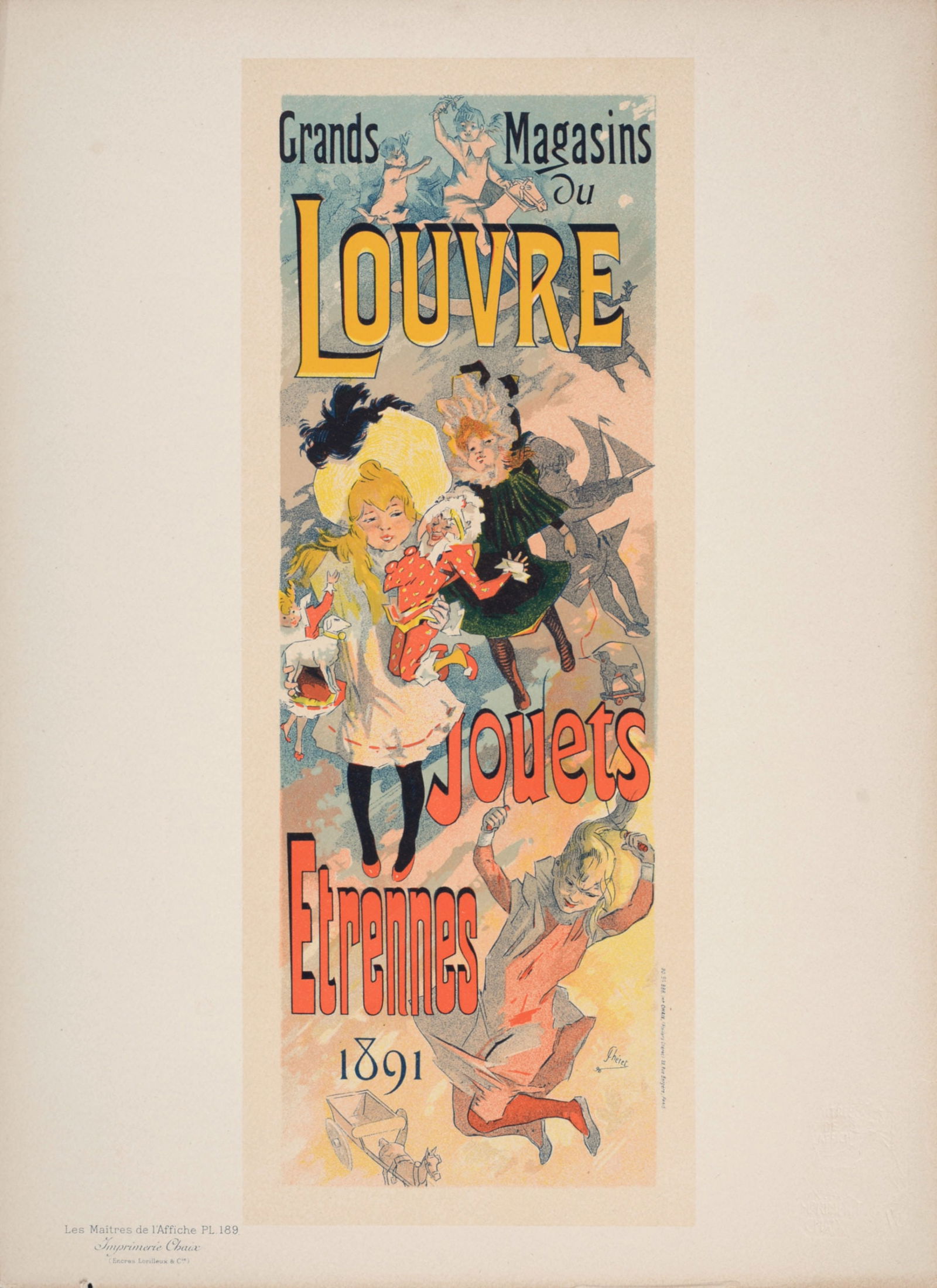 Jules Cheret - Les Maitres de l'Affiche : Grands Magasins du Louvre, 1899: Jules Cheret (1836-1932)Grands magasins du Louvre, 1899Les Maitres de L’Affiche : PL. 189Lithograph on wove paper.Signed on the plate lower right margin.Dimensions :+ Size of the sheet : 39,4 x 28,7