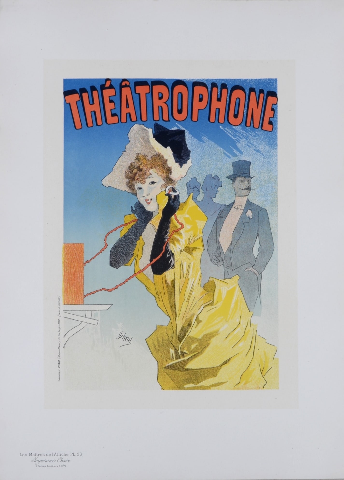 Jules Cheret : Les Maitres de l'Affiche - Le Theatrophone, 1896: Jules Cheret (1836-1932)Le Theatrophone, 1896Lithograph on wove paper.Signed on the plate lower left.Plate #33Blind stamp "Les Maitres de l'Affiche, Imprimerie Chaix" on the bottom right corner.Dimens