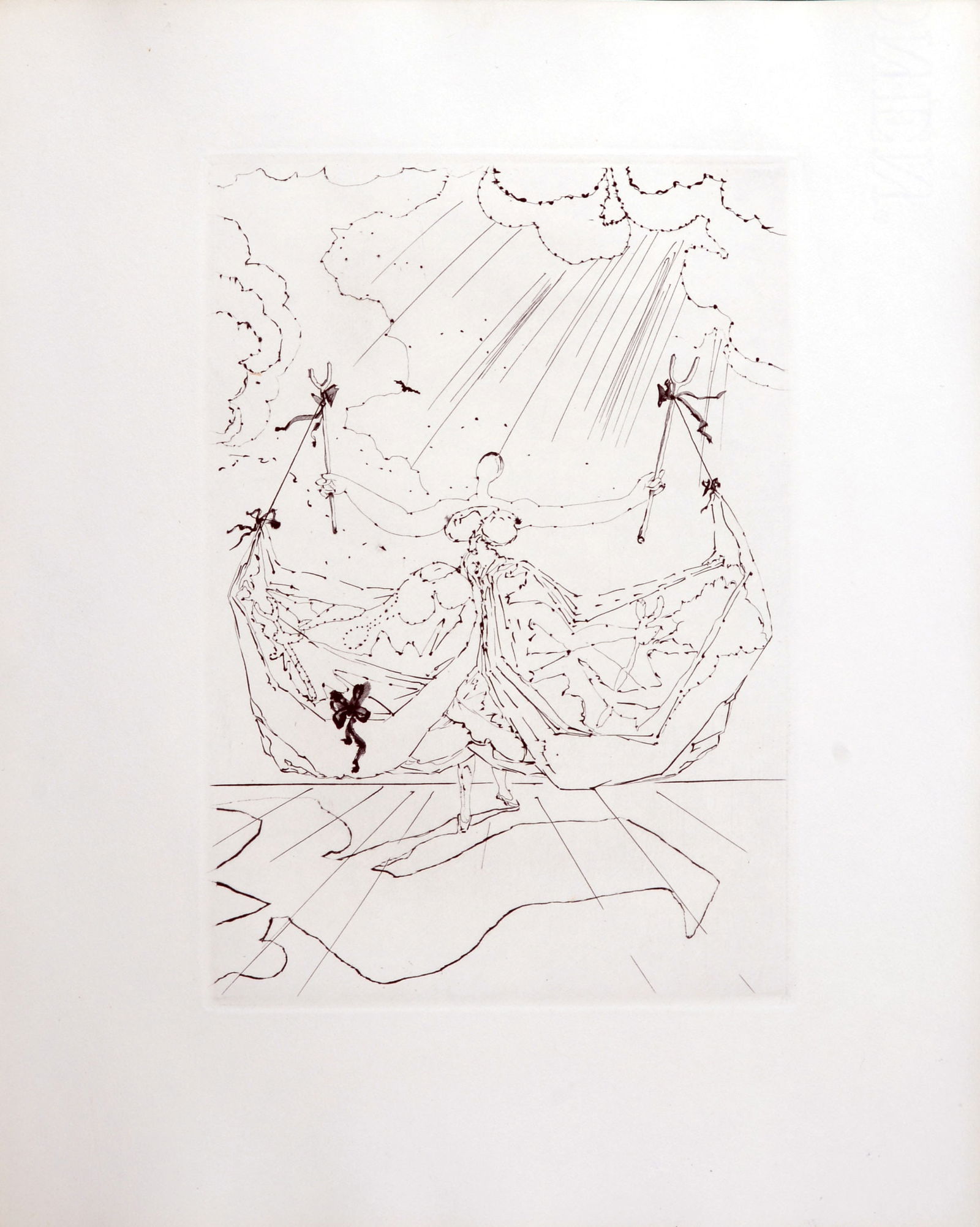 Salvador Dali - Le Tricorne, 1958: Salvador Dali (1904-1989)Le Tricorne, 1958Etching on Van Gelder Zonen wove paper.Edition: 260Dimensions:+ Size of the sheet: 32 x 25 cm /12,6 x 9,8 in.+ Size of the image: 21,5 x 15 cm / 8,4 x 5,9 in.