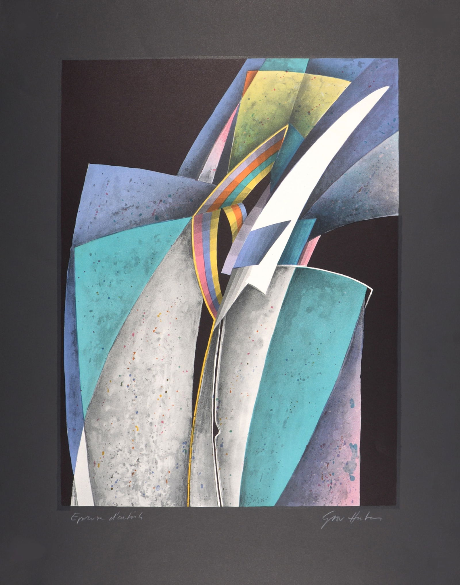 Giovanni Huber : Composition, circa 1997 - Hand-signed: Giovanni Huber (1939-)Composition, circa 1997Lithograph in colors on BFK Rives paper.Hand-signed lower right margin.Annotated "Epreuve d'artiste" (Artist's proof) on the lower left margin.With BFK Riv