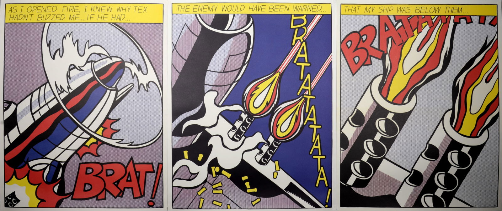 Roy Lichtenstein - As I opened Fire, 1966 - Triptych (3 panels): Roy Lichtenstein (1923-1997)As I opened Fire, 1966Offset lithograph printed in colors on 3 sheets on wove paper. Triptych (3 panels).This is a reproduction of the painting "As I Opened Fire" (1964) in