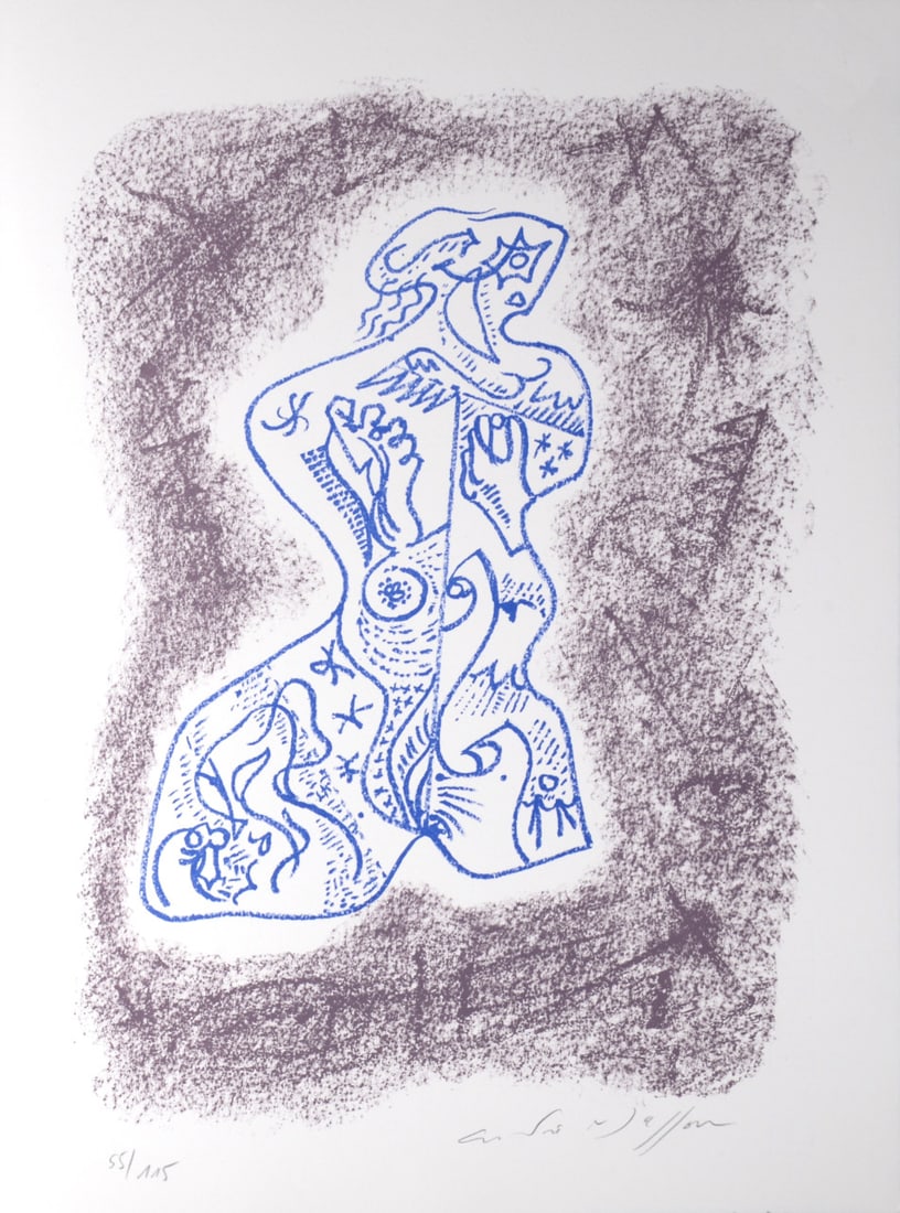Andre Masson : Sonnet XIV, 1978 - Hand-signed: Andre Masson (1896-1987)Sonnet XIV, 1978.Original lithograph on BFK Rives paper, printed on a double page.Hand-signed lower right margin.Numbered 55/115 lower left margin.Lithographed text by Jean Cas