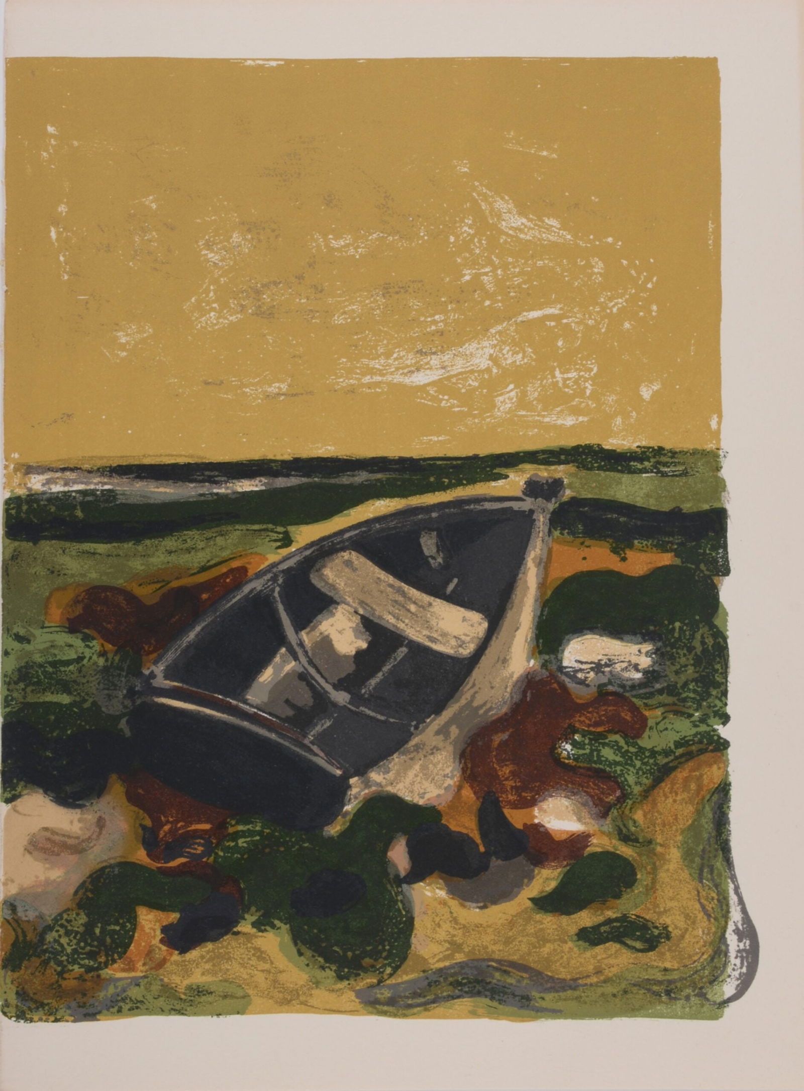 Andre Minaux : La barque echouee, c. 1964.: Andre Minaux (1923-1986),La barque echouee, c. 1964.Lithograph on wove paper.Dimensions :+Size of the sheet : 29,5 x 21 cm / 11,6 × 8,3 inEdition of 2000 proofs.Printed by Mourlot.Published in « Pri