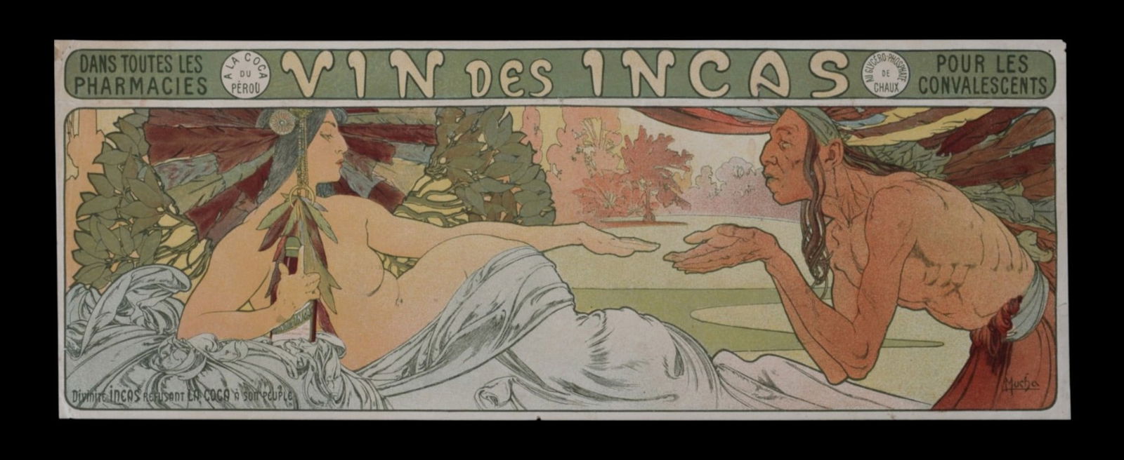 Alphonse Mucha (1860-1939) : Vin des Incas, 1899: Alphonse Mucha (1860-1939)Vin des Incas, 1899Lithograph in colors on wove paperDimensions :+Size of the sheet : 13,5 x 35,5 cm. / 6.1 x 8.4 in."Wine of the Incas", Variant 1, from the Album "La Plume"