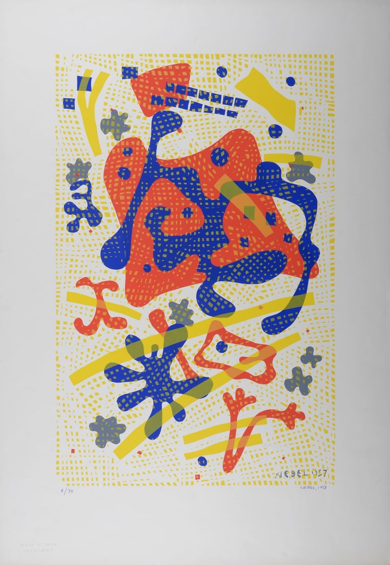 Otto Nebel : Composition, 1957 - Hand-signed: Otto Nebel (1892-1973)Composition, 1957Silkscreen in colors on wove paper.Hand-signed on the lower right margin.Hand-numbered 8/75 on the lower left margin.Plate-signed lower right.Stamped "Guilde Int