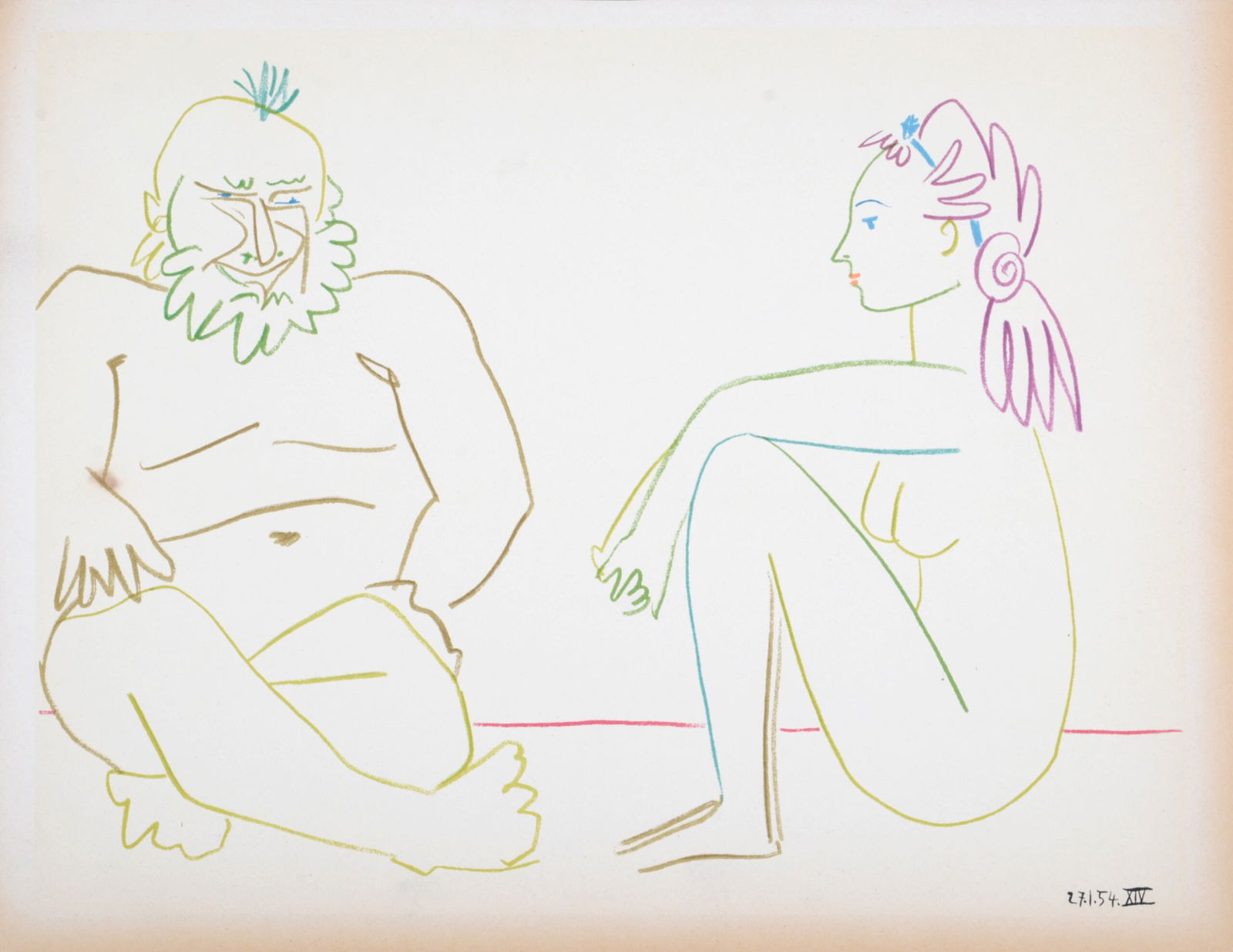 Pablo Picasso - Clown and Nude Woman, 1954: Pablo Picasso (1881-1973)Clown and Nude Woman, 1954Lithograph on wove paper.Edition size: 2000Dated on the plate lower right margin.Dimensions:+Size of the sheet: 26,5 x 35,5 cm / 10,4 x 13,9 in.Issue