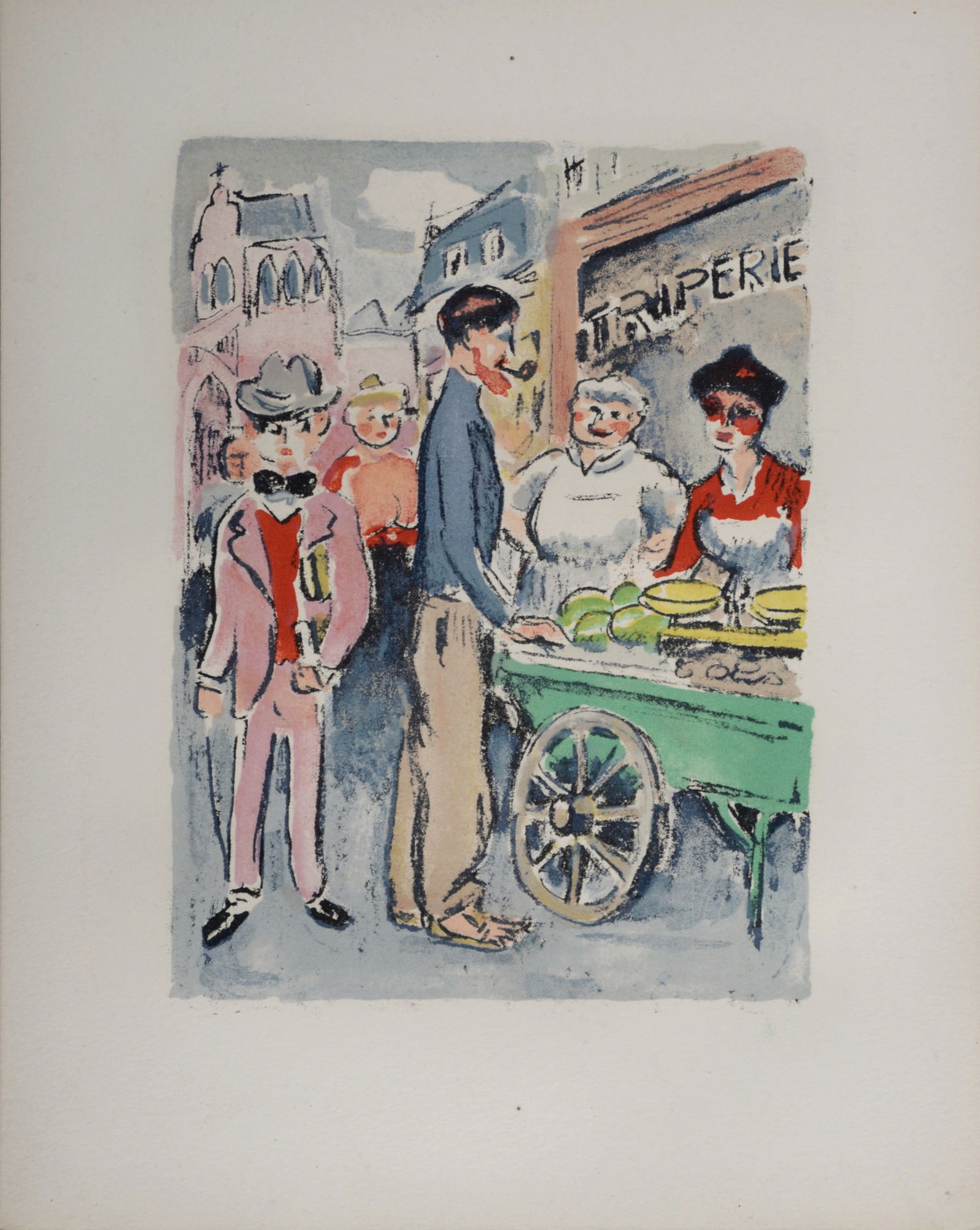Kees Van Dongen - Van Dongen et Roland Dorgeles, Le Marche de la rue des Abbesses, 1949: Kees Van Dongen (1877-1968)Van Dongen et Roland Dorgeles, Le Marche de la rue des Abbesses, 1949Original lithograph in colors on wove paper."Tire a part" from the book by Roland Dorgeles "Au Beaux Tem