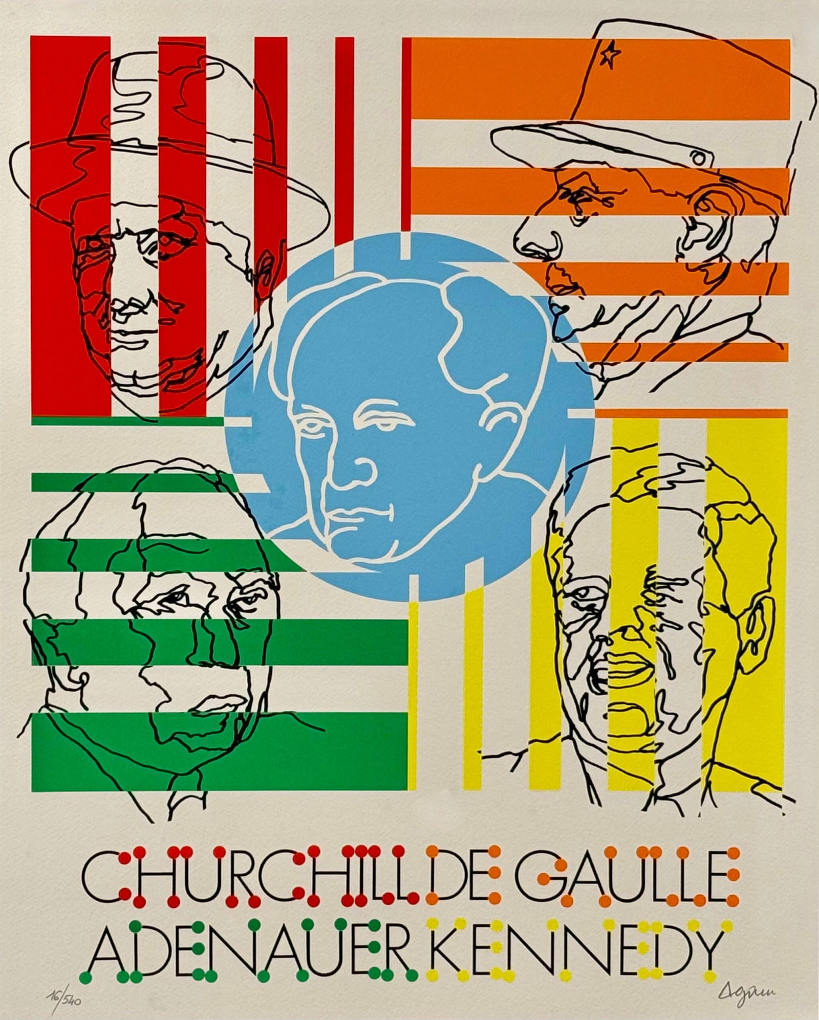 Yaacov Agam : David Ben Gurion, 1985 - Hand Signed 3: Yaacov Agam b.1928David Ben Gurion, 1985Original screenprint on paper, AgamographAgamography is a printing process pioneered by the artist, Agam, using lenticular printing to present different images