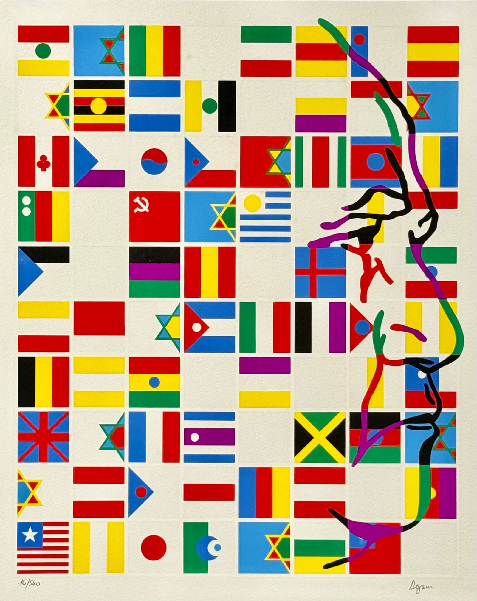 Yaacov Agam : David Ben Gurion, 1985 - Hand Signed 4: Yaacov Agam b.1928David Ben Gurion, 1985Original screenprint on paper, AgamographAgamography is a printing process pioneered by the artist, Agam, using lenticular printing to present different images