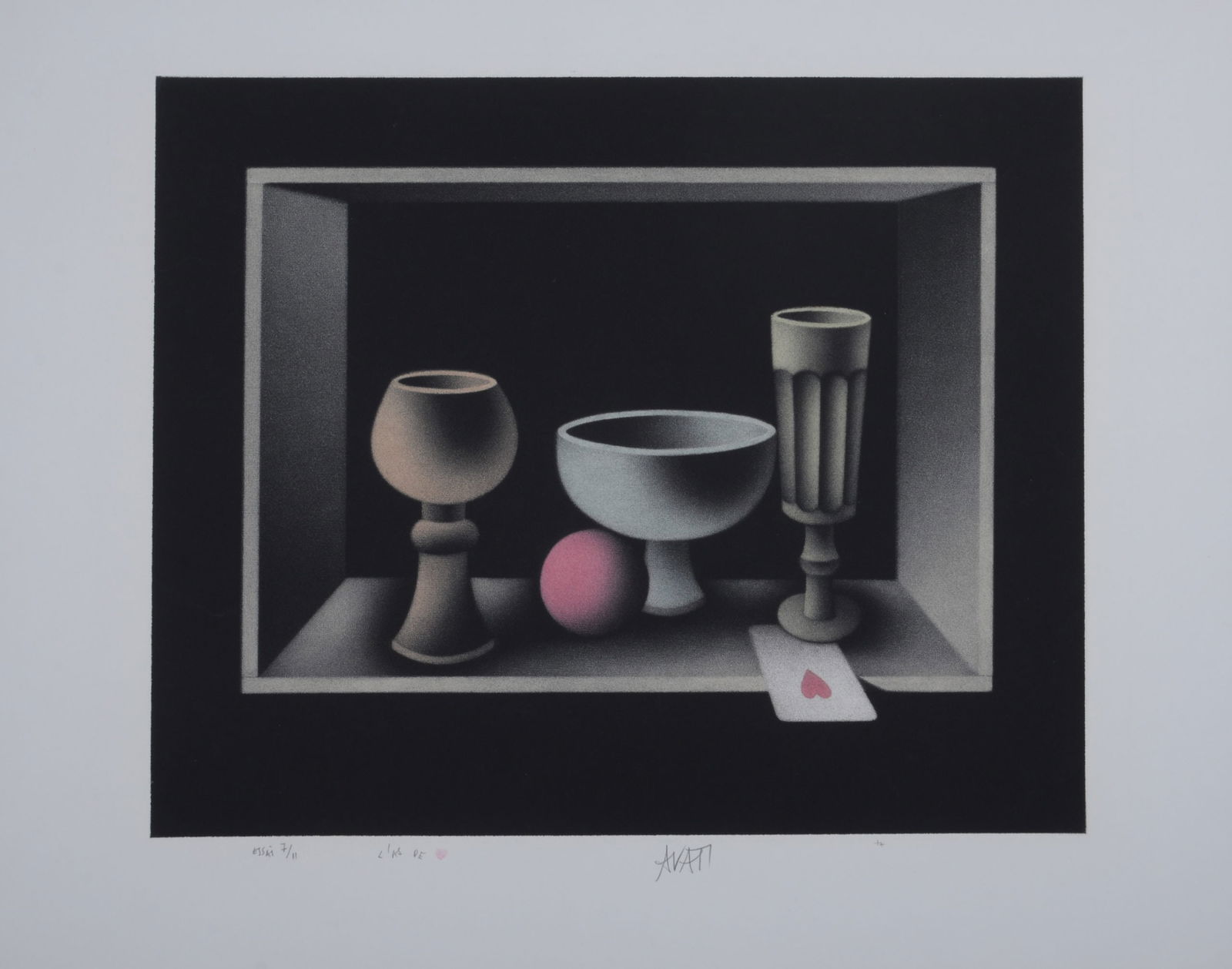 Mario Avati : L'as de coeur, 1977 - Hand signed: Mario Avati (1921-2009)L'as de coeur, 1977Mezzotint, color print. Proof on wove paper, dated, titled, signed, and annotated "essai" 7/11.Dimensions:+ Size of the Image : 28 x 35 cm / 9.4 x 11.6 in.+ S