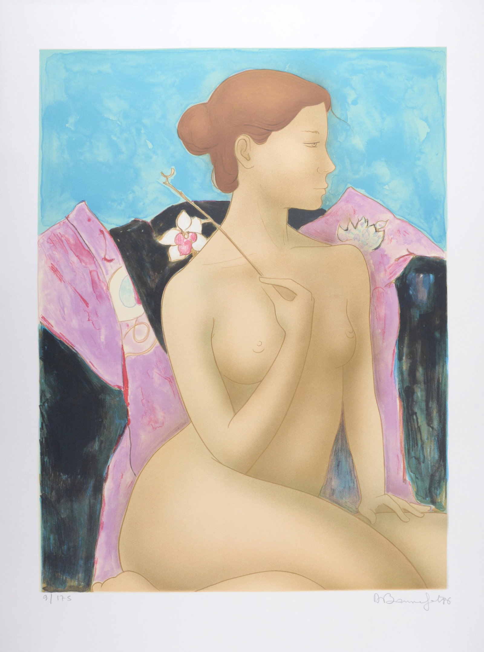 Alain Bonnefoit - Femme a l'orchidee, 1986 - Hand-signed!: Alain Bonnefoit (1937)Femme a l'orchidee, 1986Lithograph in colors on Velin d'Arches paper. Very scarce!Hand-signed lower right margin.Numbered in pencil 9/175 lower left margin.Arches' watermark lowe