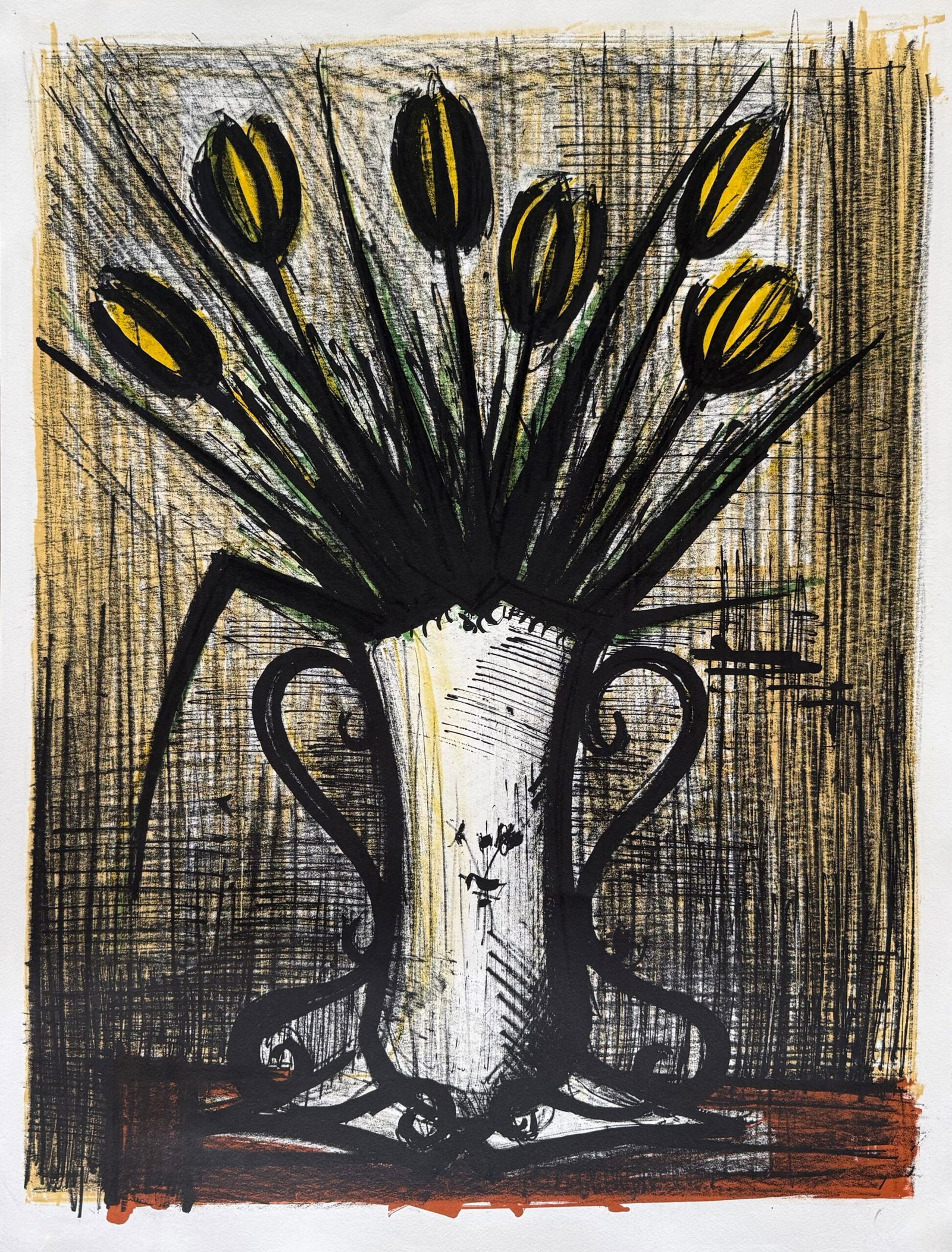 Bernard Buffet - Bouquet de tulipes jaunes, c. 1960: Bernard Buffet (1928-1999)Bouquet de tulipes jaunes, c. 1960 Large original lithograph in colors on Velin paperWith Arches's watermark on the right border margin.Dimensions:+ Size of the image: 66 x 5