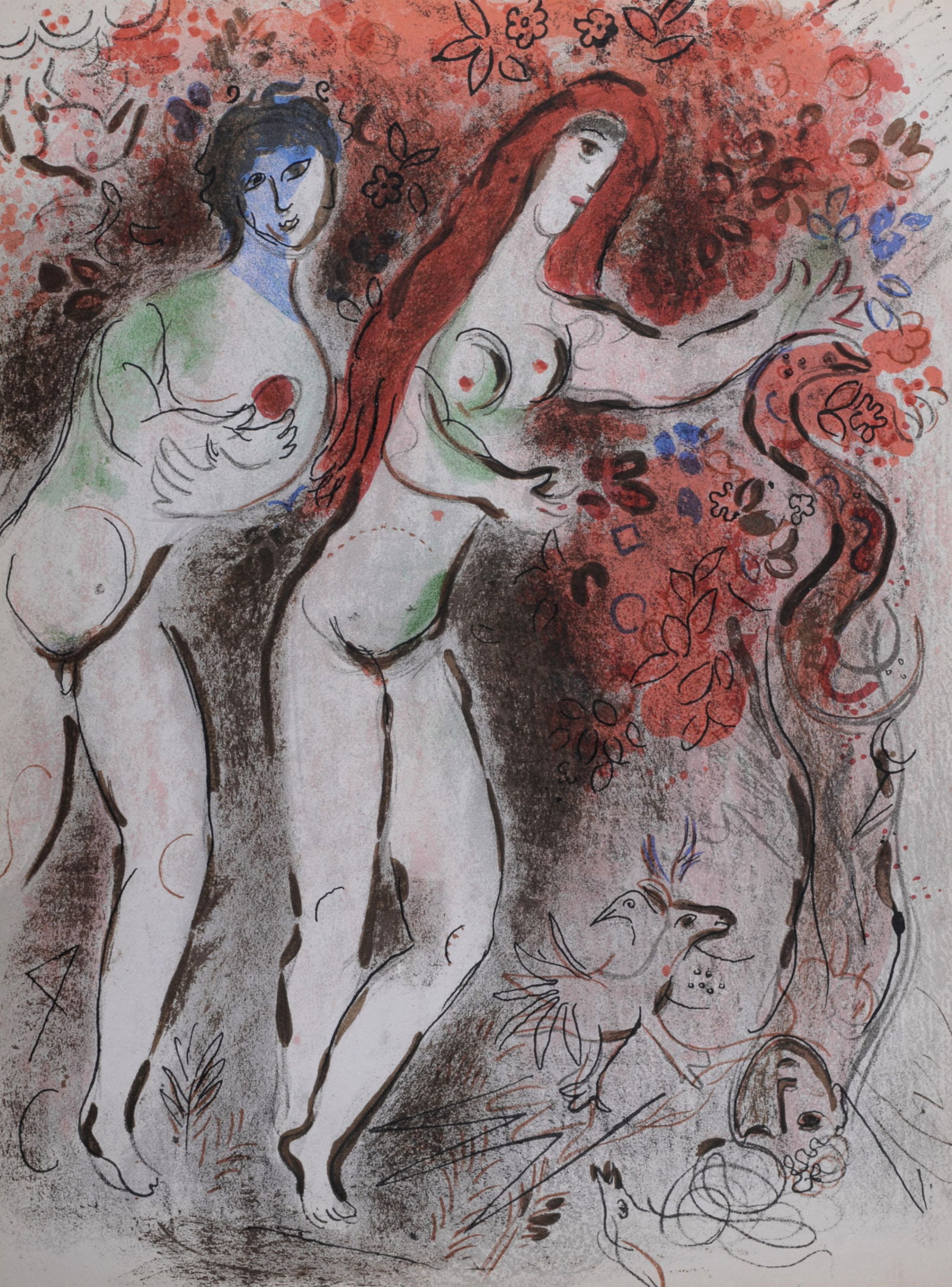 Marc Chagall : Adam et Eve et le Fruit defendu, 1960: Marc Chagall (1887-1985)Adam et Eve et le Fruit defendu, 1960Lithograph on wove paper.Dimensions:+ Size of the sheet: 35,5 x 26 cm / 13,9 x 10,2 in.From "Verve" issue (vol. X, n°37 et 38), published