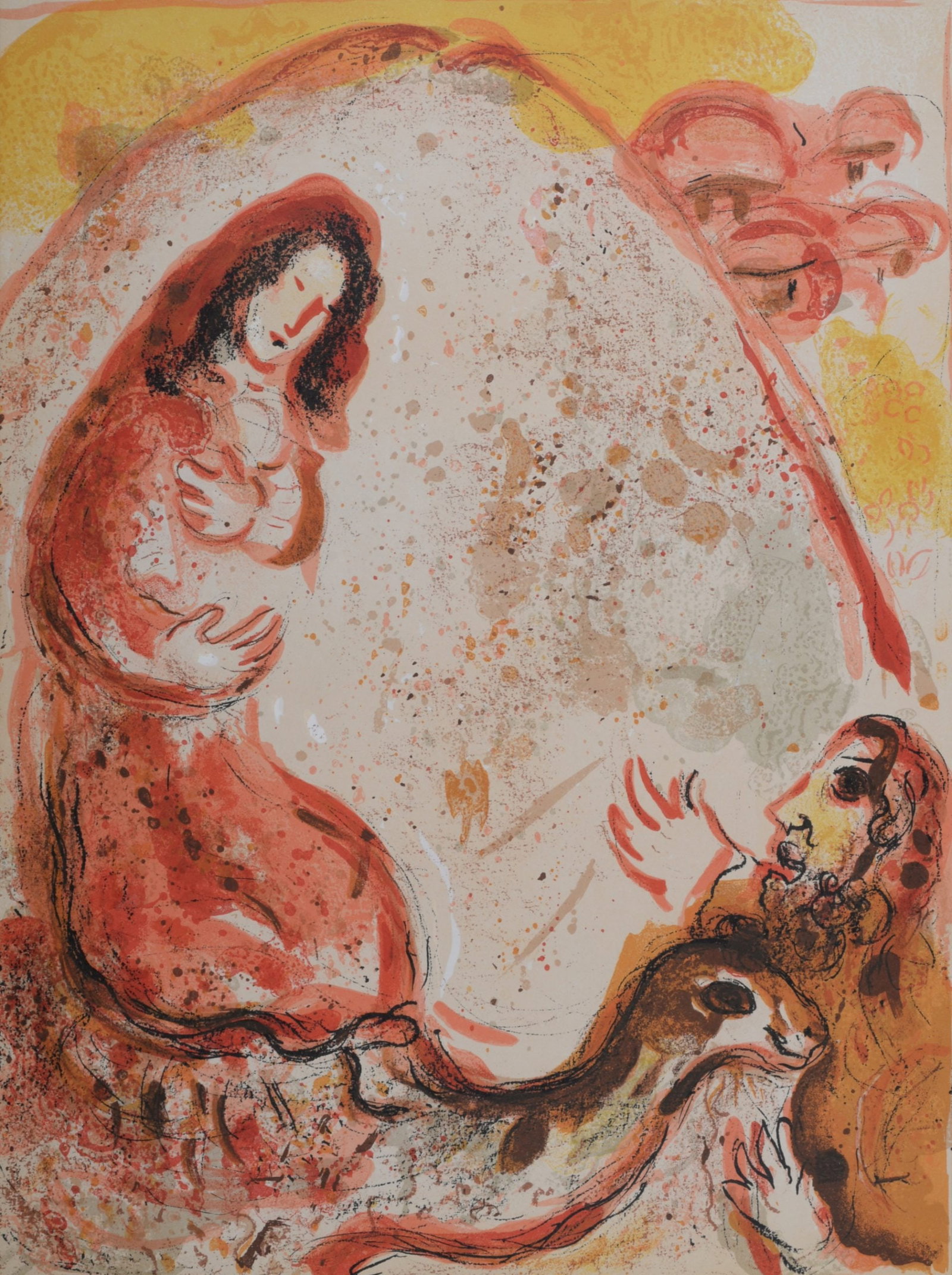 Marc Chagall : Rachel derobe les idoles de son pere, 1960: Marc Chagall (1887-1985)Rachel derobe les idoles de son pere, 1960Lithograph on wove paper.Dimensions:+ Size of the sheet: 35,5 x 26 cm / 13,9 x 10,2 in.From "Verve" issue (vol. X, n°37 et 38), publi