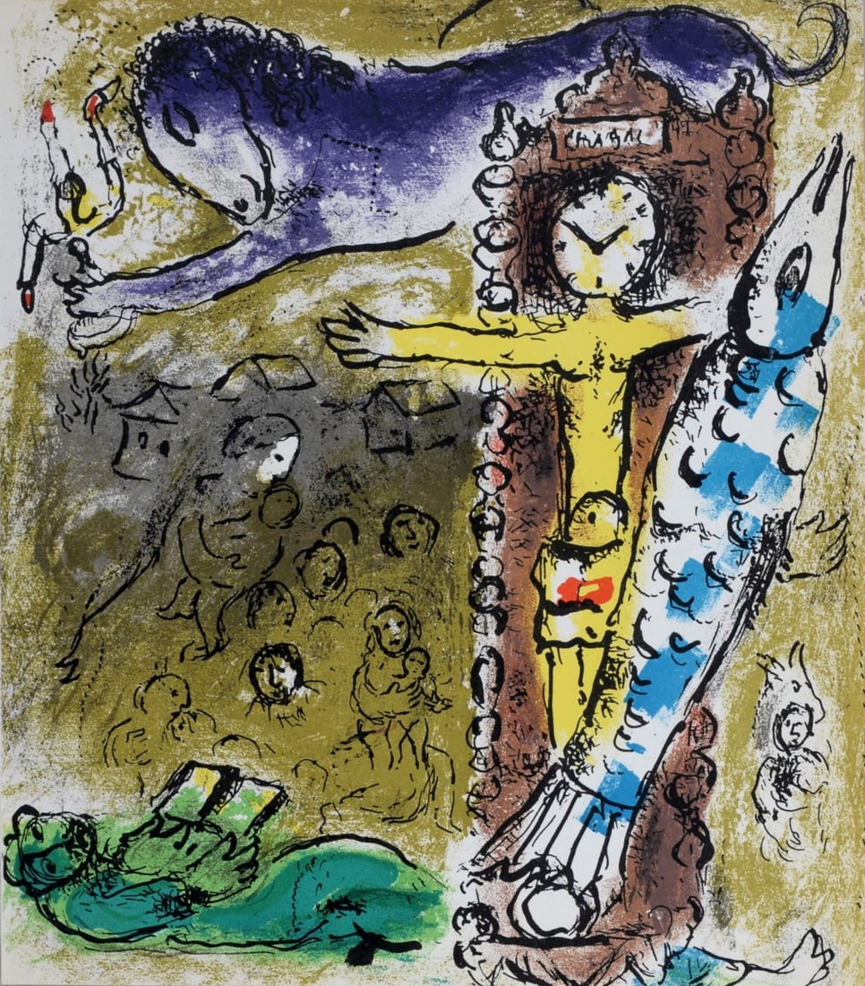 Marc Chagall (1887-1985) : Le Christ a l'horloge, 1957: Marc Chagall (1887-1985)Le Christ a l'horloge, 1957Lithograph in colors on wove paper.Dimensions:+ Size of the sheet: 23 x 20 cm / 9,1 × 7,9 in.From "Chagall" by Jacques Lassaigne published by Maeght