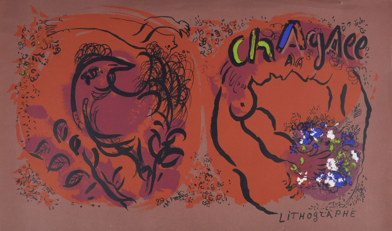 Marc Chagall : Couple with Flowers, 1960: Marc Chagall (1887-1985)Couple with Flowers, 1960Color lithograph on wove paper.Dimensions:+ Size of the sheet : 32 x 54,7 cm / 12.6 × 21.5 in.Printed by Mourlot, Paris.Published by Andre Sauret, Mon