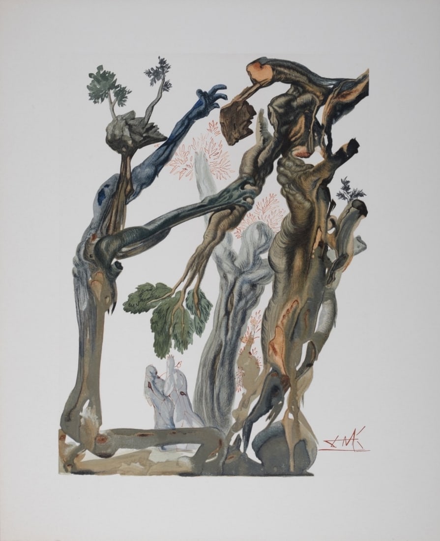 Salvador Dali : La foret des sucides, 1963: La foret des sucides, 1963Woodcut print on BFK Rives paper.Signed in the plate.A beautiful print by Salvador Dali!Dimensions:+Size of the sheet: 33 x 26,5 cm / 12,9 x 10,4 in.Issued from the French ed