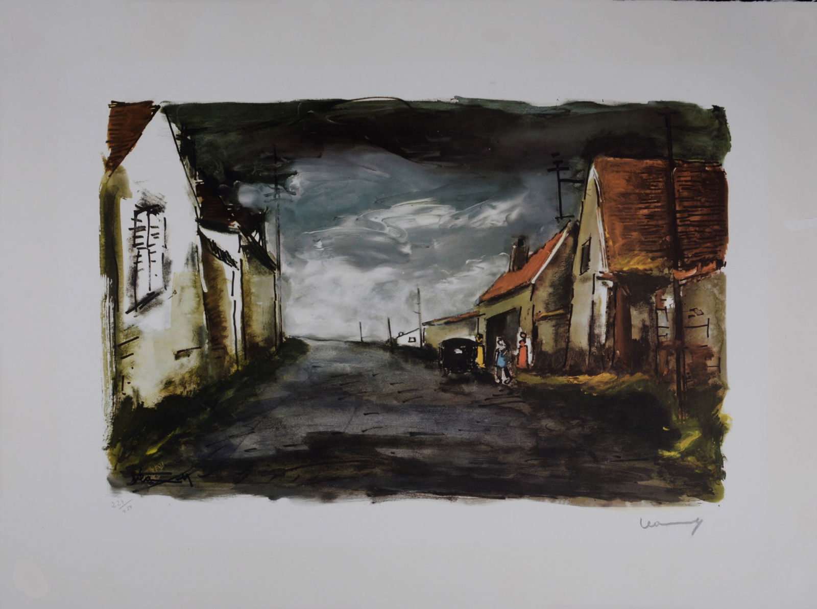 Maurice de Vlaminck : Rue de Village, circa 1950 - Hand-signed: Maurice de Vlaminck (1876-1958)Rue de Village, circa 1950Lithograph in colors on wove paperHand-signed in pencil lower right margin.Numbered in pencil 224/250 lower left margin.Plate-signed lower left