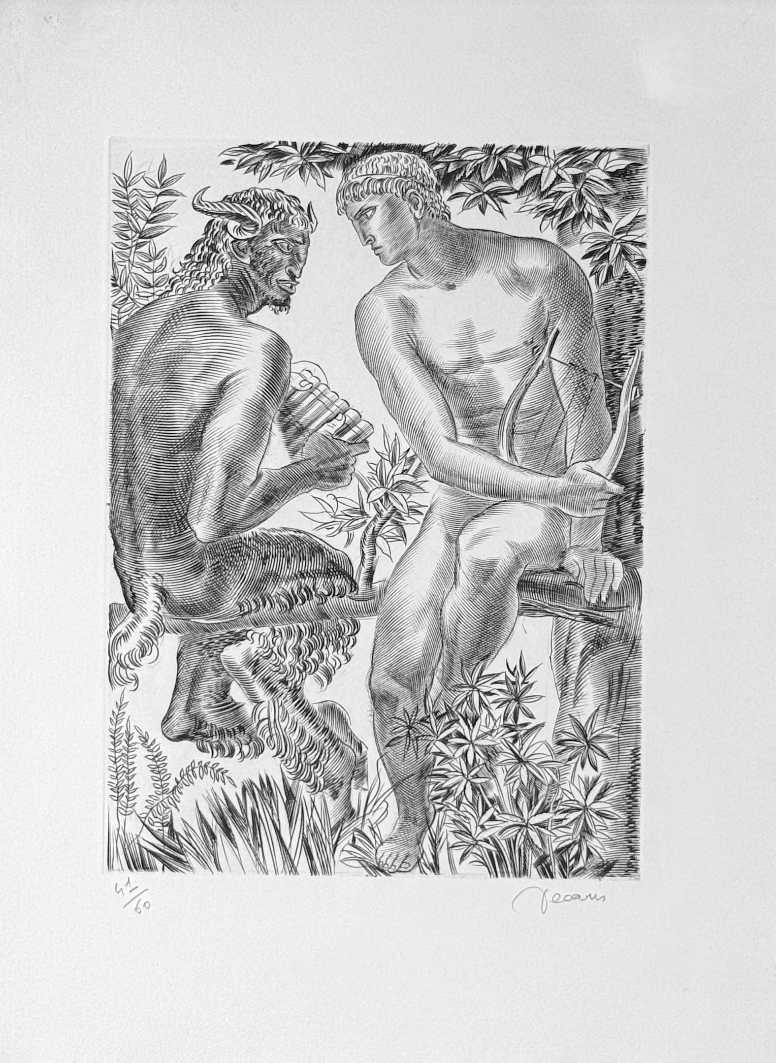 Albert Decaris : Apollon et Marsyas, 1945: Albert DecarisApollon et Marsyas, 1945Etching on Marais wove paper from the portfolio "La Gravure sur Cuivre".Hand Signed and numbered 41/60. Dimensions:+ Size of the sheet : 38 × 28 cm / 115 × 11 i