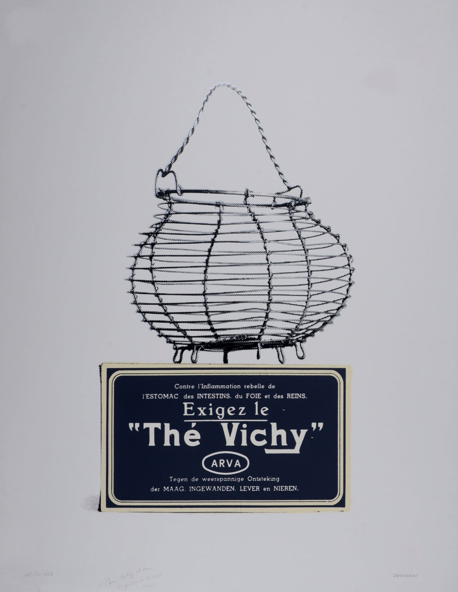 Guy Degobert : Exigez le The Vichy, 1973: Guy Degobert (1914-1988)Exigez le The Vichy, 1973Offset lithograph in colors on wove paper.Hand-signed in pencil lower right margin.Dedicated in pencil "Pour Kathy et Hans, Huguette et Richard, 8/4/74