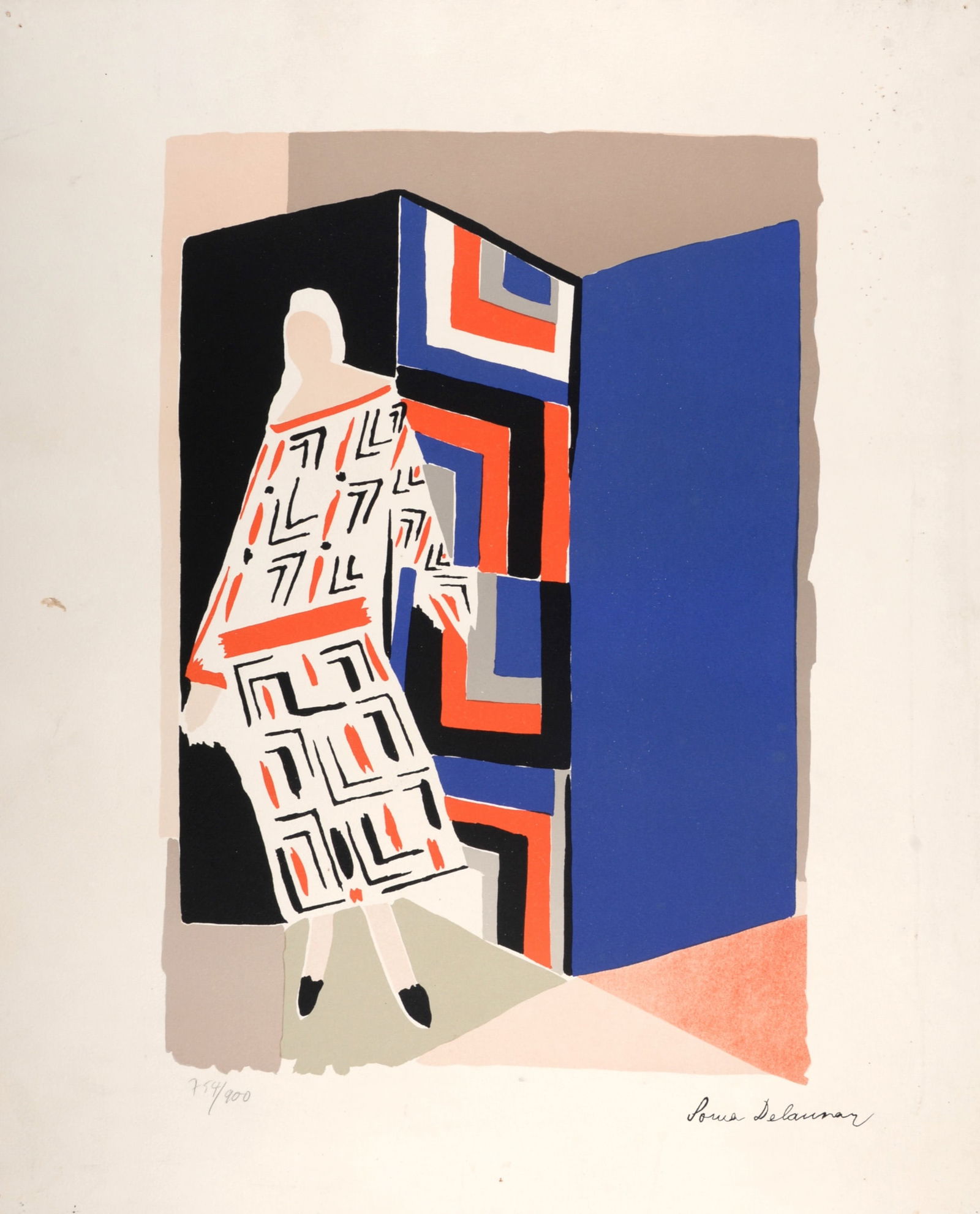 Sonia Delaunay : Femme au paravent, circa 1970: Sonia Delaunay (1885-1979)Femme au paravent, circa 1970Lithograph in colors on Arches paper.Stamped signed lower right margin.Numbered in pencil 754/900 lower left margin.With Arches watermark lower r
