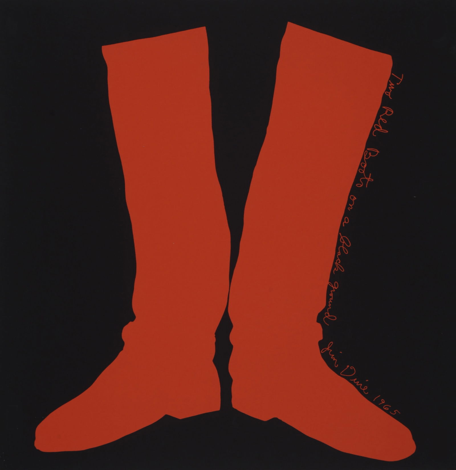 Jim Dine - Two Red Boots, 1968 - Scarce!: Jim Dine (1935-)Two Red Boots on a Black Ground, 1968 Original silkscreen on paperScarce serigraph edited by Banner.Stamped verso "Silk Screen from Banner by Jim Dine © for Multiples Inc. 1968 ».Dim