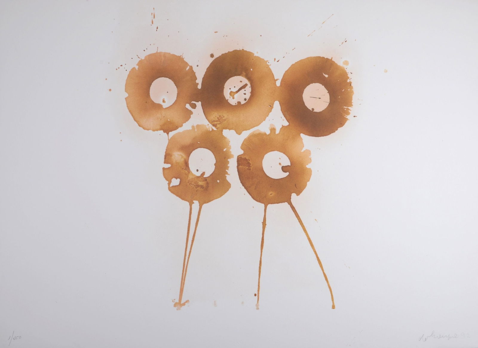 Jiri Georg Dokoupil (1954-) : Golden Rings, 1992.: Jiri Georg Dokoupil (1954-)Golden Rings, 1992.Large lithograph in colors on Arches paper.Hand-signed and dated at the lower right.Hand-numbered 1/250 at the lower left.With the Olympic blind stamp at