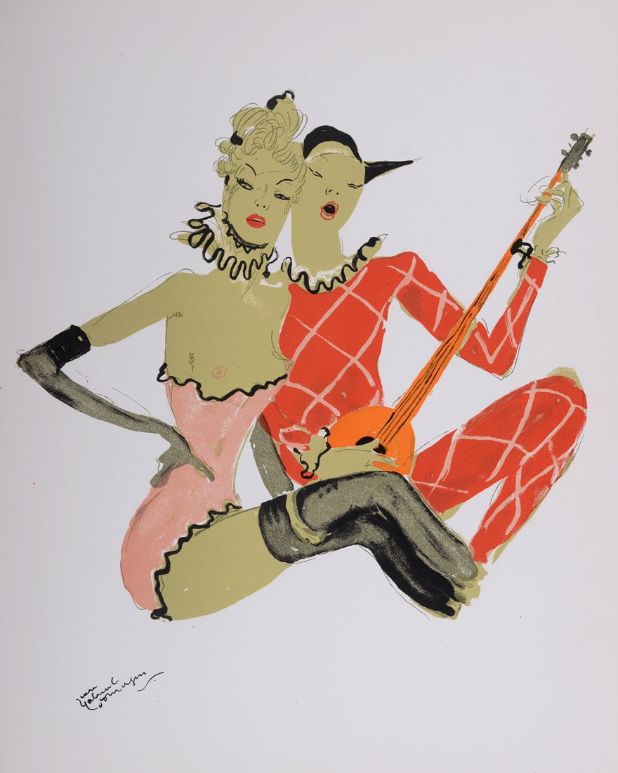 Jean-Gabriel Domergue : La Parisienne : Arlette au double visage, 1956: Jean-Gabriel Domergue (1889 - 1962)La Parisienne : Arlette au double visage, 1956Lithograph in colors on velin Pur Fil du Marais.Signed on the plate lower left margin.Dimensions :+ Size of the sheet :