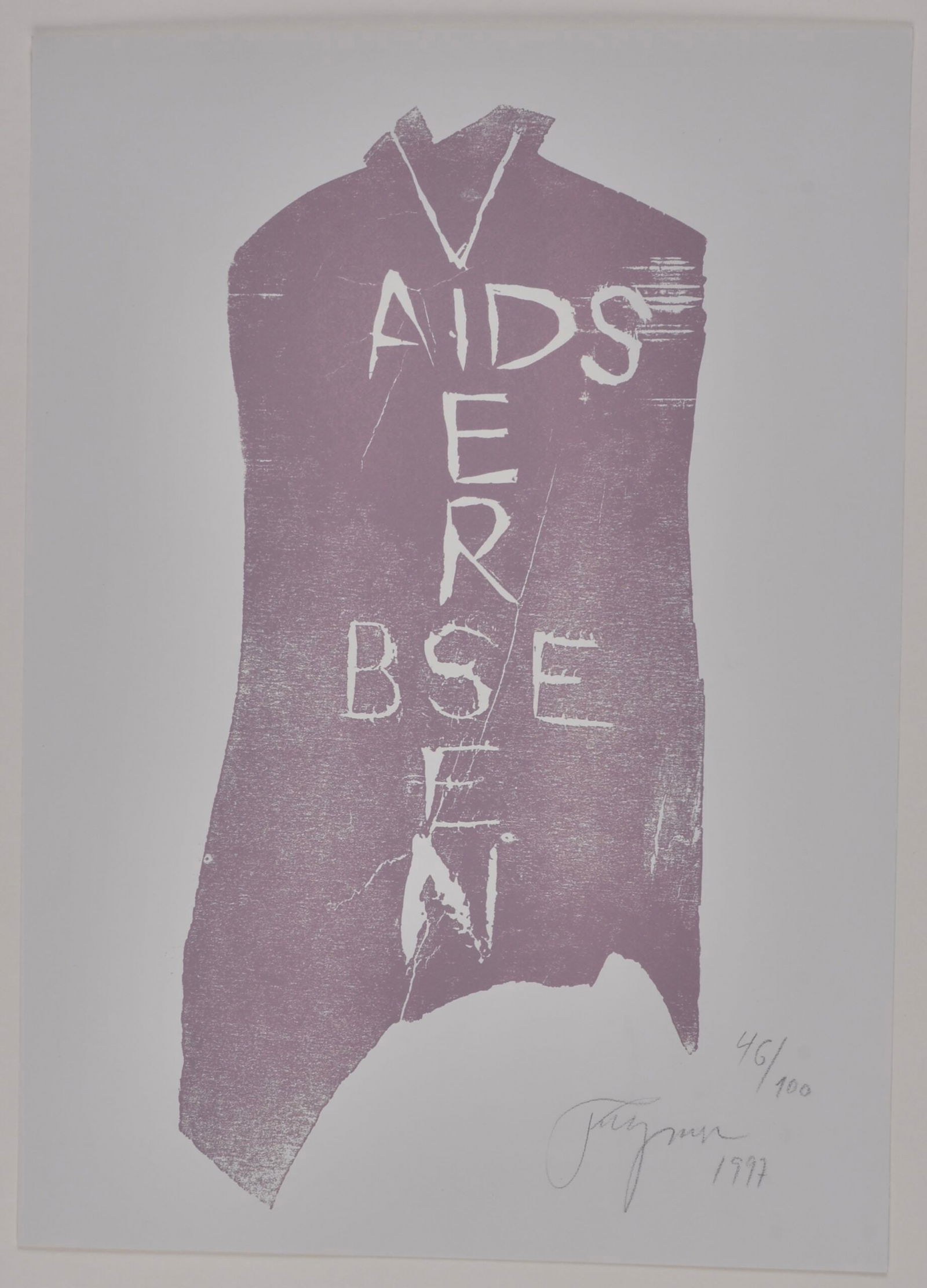 Felix Droese : Viersen Aids, 1997: Felix Droese (1950-)Viersen Aids, 1997Linocut in colors on paperHand-Signed, dated and numbered 46/100 in pencilDimensions:+ Image Size : 43 x 30,5 cm / 16,9 × 12,0 in+ Sheet size : 39 x 18 cm / 15,4