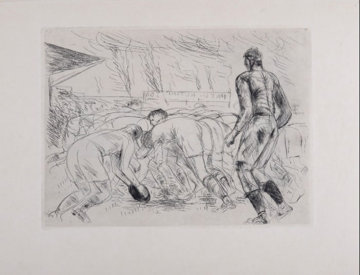 Andre DUNOYER DE SEGONZAC (1884-1974) : La Melee, Rugby, 1927: Andre DUNOYER DE SEGONZAC (1884-1974)La Melee, 1927Original etching on paper (drypoint)Dimensions:+ Size of the sheet : 32.1 x 24.5 cm / 9.6 x 12.6 in.+ Size of the image : 19.7 x 15 cm / 7.7 x 5.9 in
