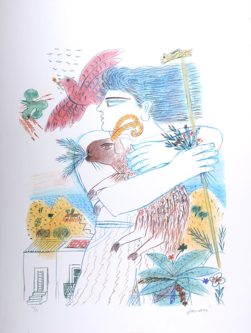 Alekos Fassianos : Pan, 2003 - Hand-Signed: Alekos Fassianos (1935-2022)Pan, 2003Lithograph in colors on Fabriano paper.Signed on pencil lower right.Numbered 44/99 in pencil lower left of the sheet.Dimensions:+ Size of the sheet: 76 x 56,2 cm /