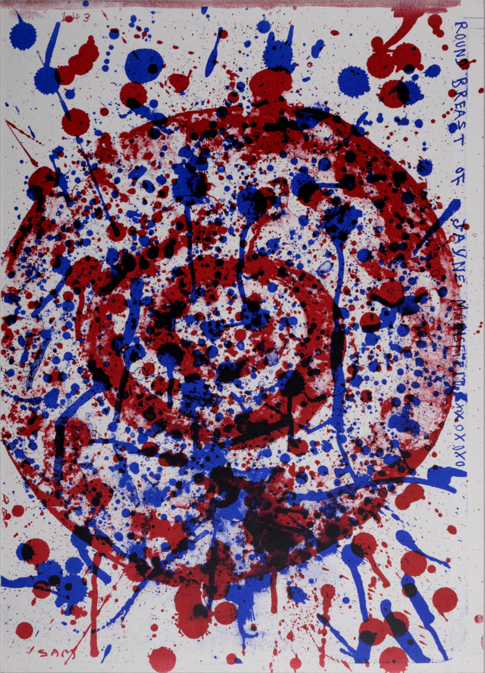 Sam Francis - Round Breast Of Jayne Mansfield, 1964: Sam Francis (1923-1994)Round Breast Of Jayne Mansfield, 1964Lithograph on wove paper.Printed on the verso with Jim Dine's artwork.Dimensions:+ Size of the sheet: 41 x 29 cm / 16,1 x 11,4 in.Issued fro
