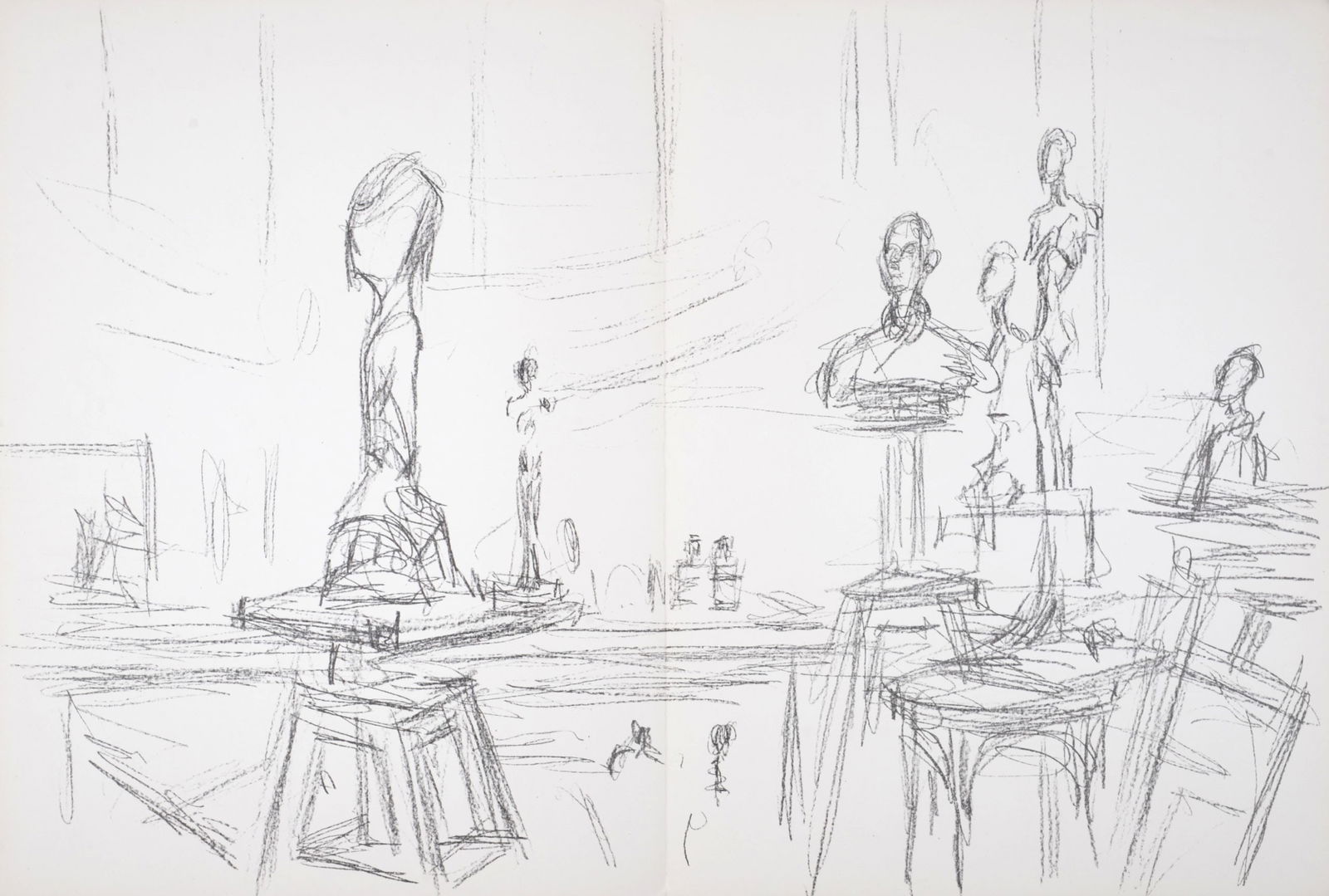 Alberto Giacometti - Atelier et sculptures, 1961: Alberto GiacomettiAtelier et sculptures, 1961Original lithograph on one double pagesFrom Derriere Le Miroir n°127, mai 1961Printed on the back as issued.Dimensions :Size of the sheet : 28 x 56 cm / 1