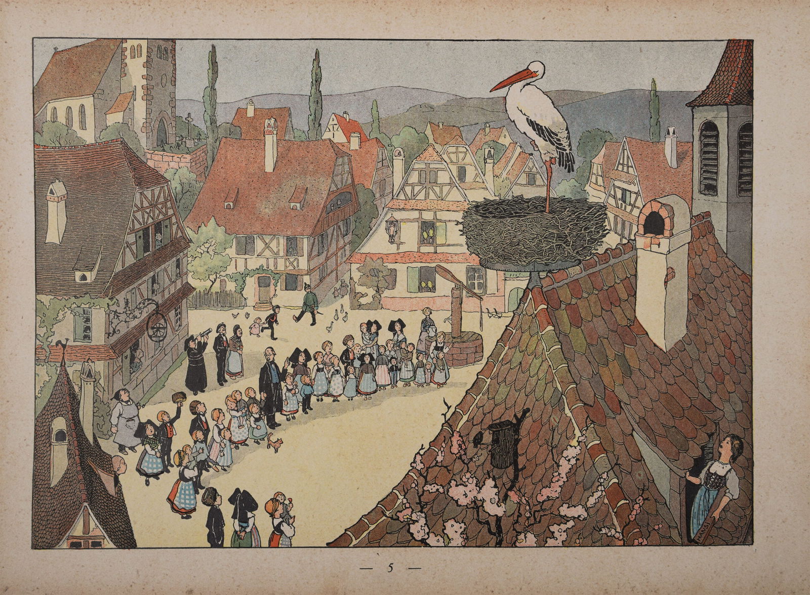 Jean-Jacques Waltz alias Hansi : L'arrivee de la cigogne, 1913 - Hand-Signed: Jean-Jacques Waltz alias Hansi (1873-1951)L'arrivee de la cigogne, 1913Original chromo-lithograph in colors on wove paper.Plate-signed.Dimensions :+ Size of the sheet : 23,5 x 32 cm / 9,2 x 12,6 in.Fr
