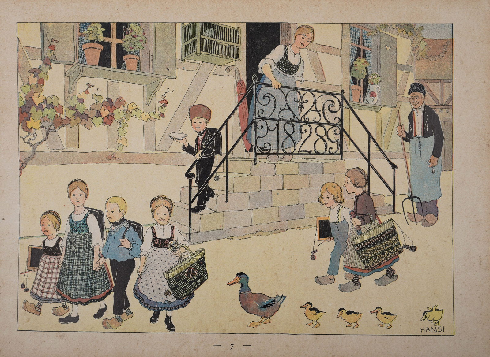 Jean-Jacques Waltz alias Hansi : Depart pour l'ecole, 1913 - Plate-Signed: Jean-Jacques Waltz alias Hansi (1873-1951)Depart pour l'ecole, 1913Original chromo-lithograph in colors on wove paper.Plate-signed.Dimensions :+ Size of the sheet : 23,5 x 32 cm / 9,2 x 12,6 in.From t