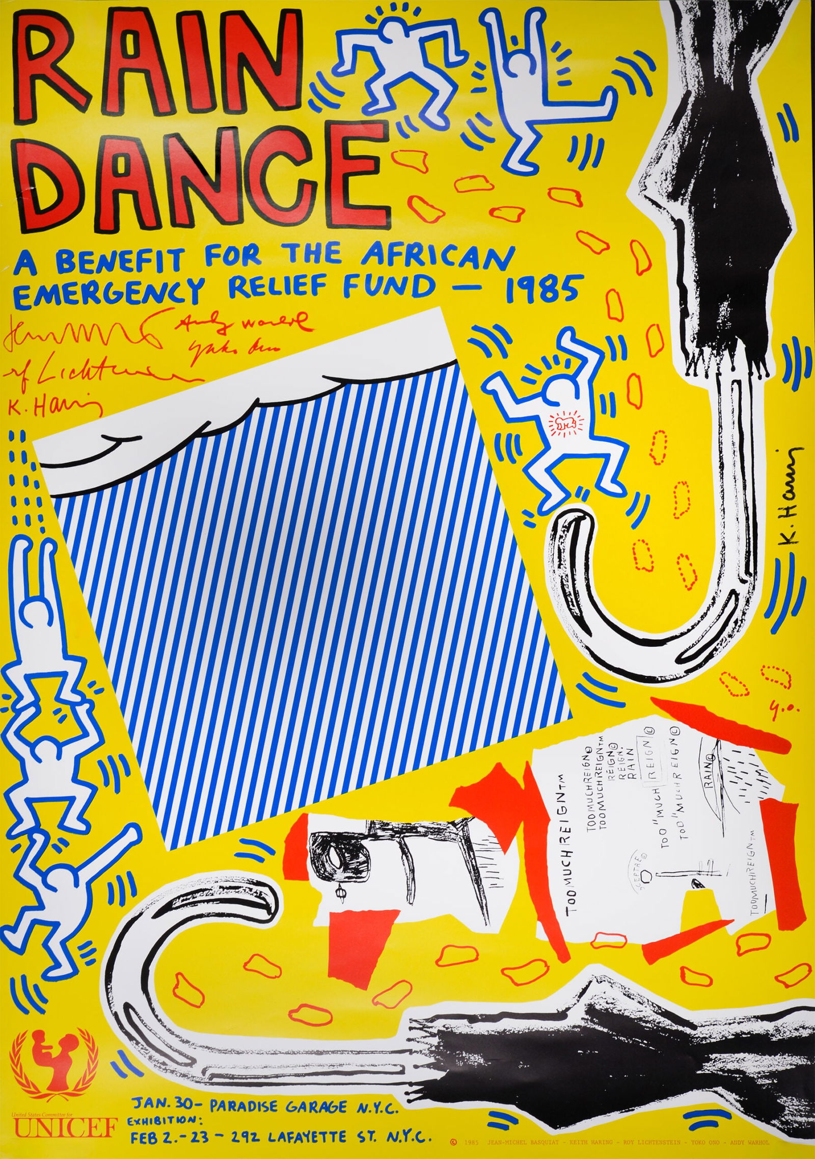 Keith Haring (with Andy Warhol, Jean Michel Basquiat, Roy Lichtenstein and Yoko Ono) : Rain Dance,: Keith Haring (with Andy Warhol, Jean Michel Basquiat, Roy Lichtenstein and Yoko Ono)Rain Dance, 1985Original Offset lithograph on paper. This is the rare first printing!Screen-printed signatures of al