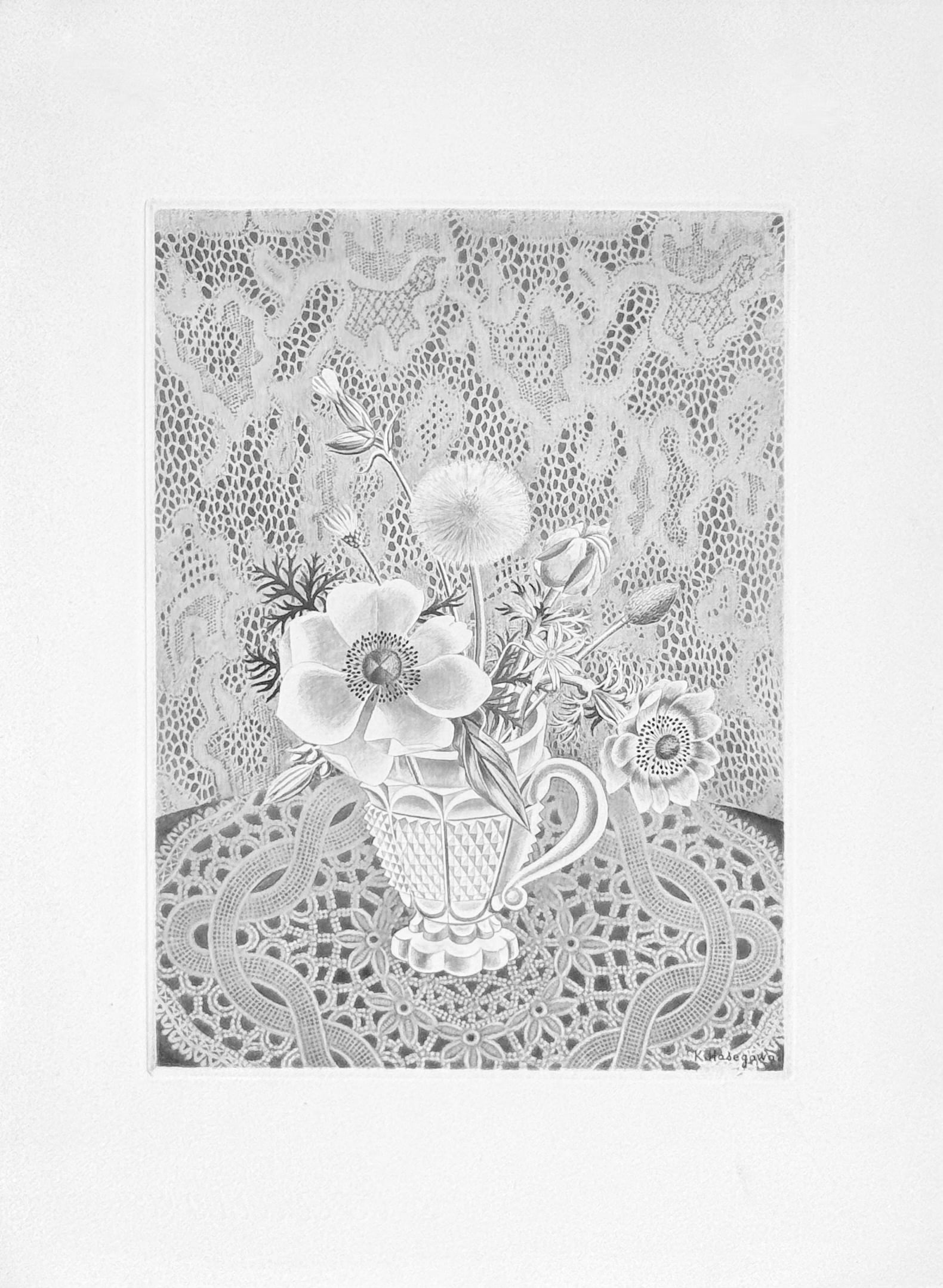 Kiyoshi Hasegawa : Anemones et fleurs de champs dans un verre a facettes, 1945: Kiyoshi HasegawaAnemones et fleurs de champs dans un verre a facettes, 1945Etching and aquatint on Marais wove paper from the portfolio "La Gravure sur Cuivre", plate signed.A delicate post-war master