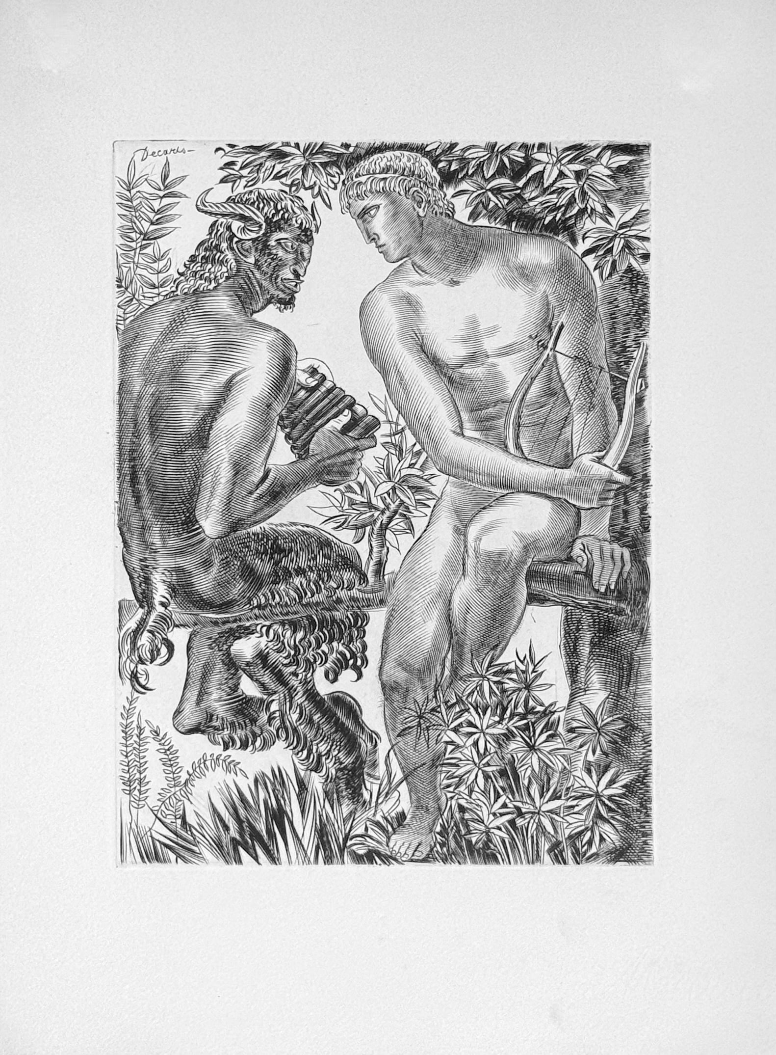 Albert Decaris : Apollon et Marsyas, 1945: Albert DecarisApollon et Marsyas, 1945Etching on Marais wove paper from the portfolio "La Gravure sur Cuivre", plate signed. Dimensions:+ Size of the sheet : 38 × 28 cm / 115 × 11 inFrom an edition