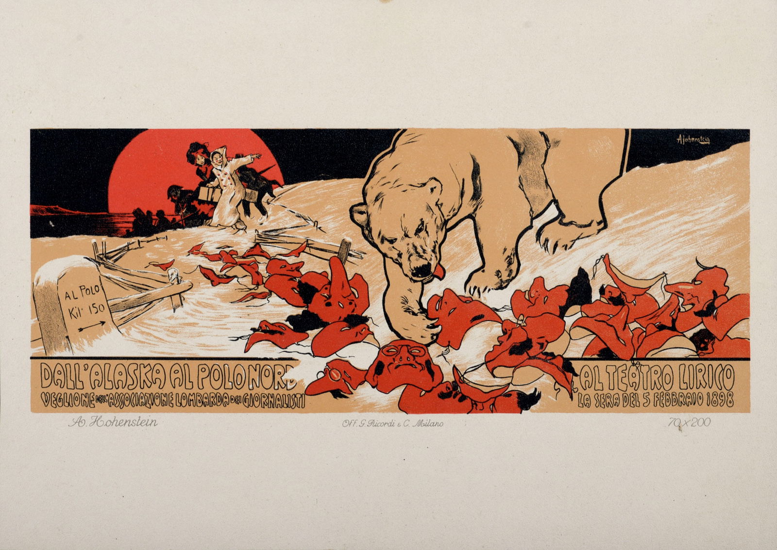 Adolfo Hohenstein - Dall' Alaska al Polonord, 1914: Adolfo Hohenstein (1854-1928)Dall' Alaska al Polonord, 1914Lithograph on thick paper.Scarce lithograph from the iconic portfolio Ricordi!Dimensions:+Size of the sheet: 20,5 x 29 cm / 8 x 11,4 in.Print