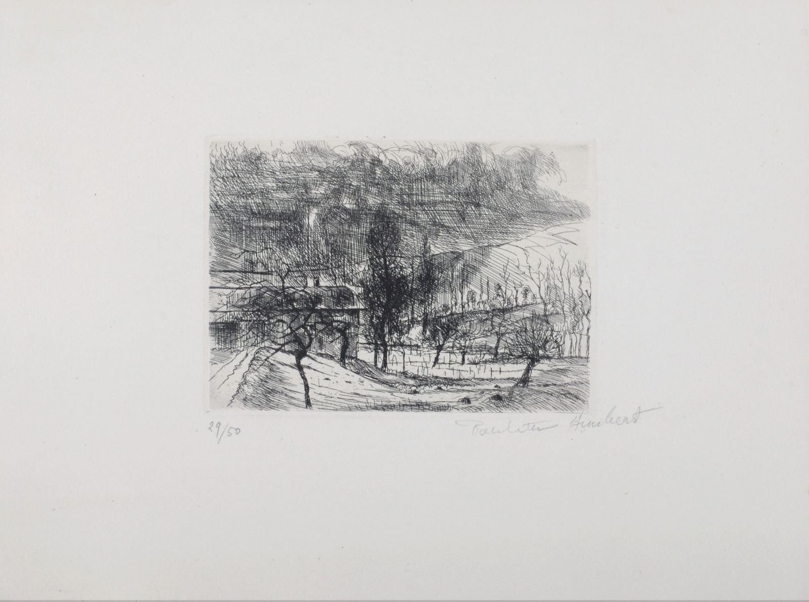 Paulette Humbert : Paysage, circa 1980 - Hand-signed: Paulette Humbert (1904-1994)Paysage, c. 1980Original etching on Arches paper.Hand-signed in pencil lower right and numbered in pencil 29/50 lower left.With "Arches" watermark on the right border.Dimen